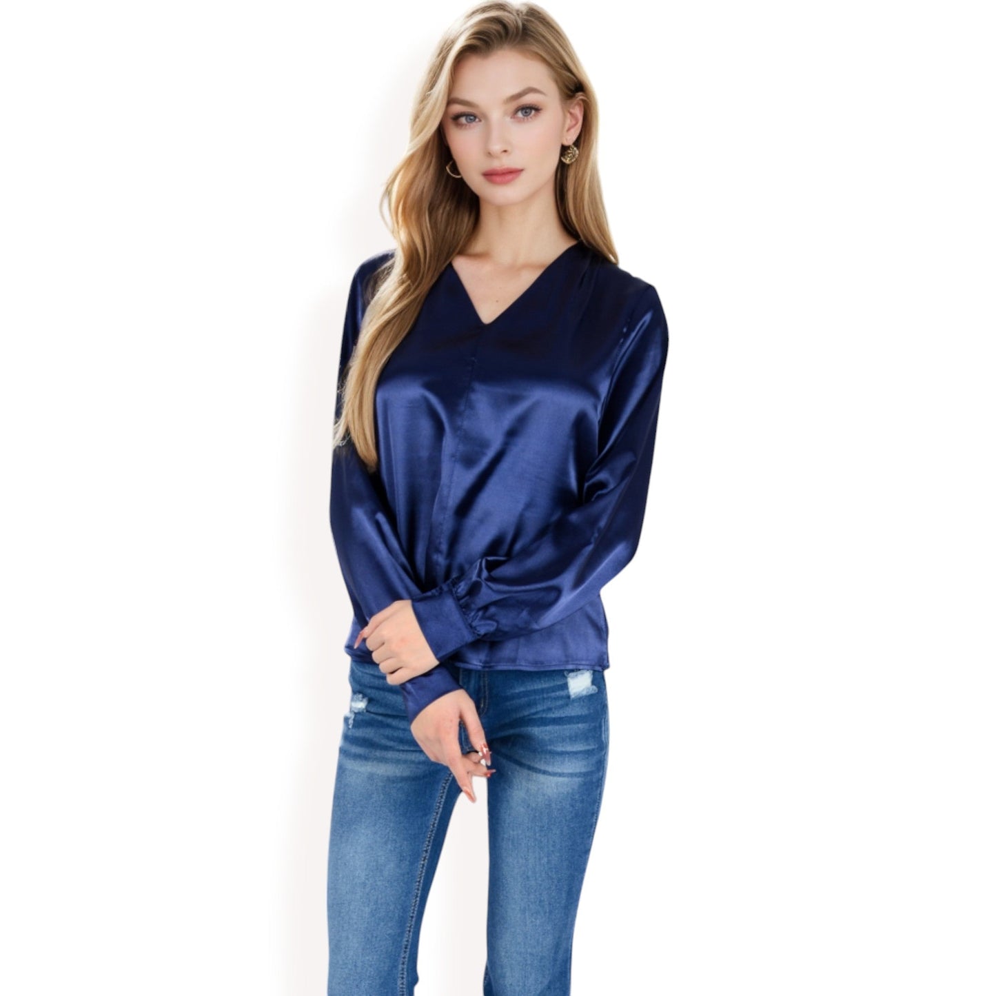 Satin V-Neck Blouse with Long Sleeves