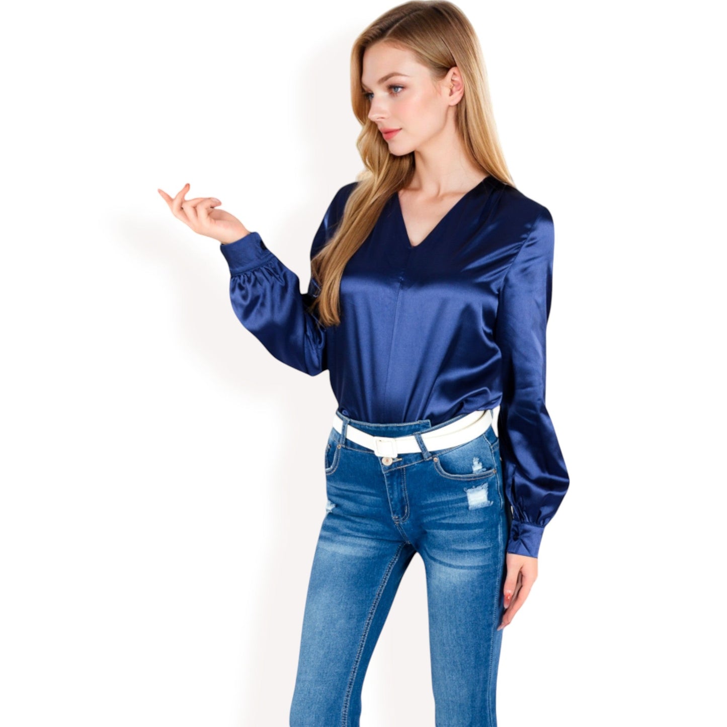 Satin V-Neck Blouse with Long Sleeves