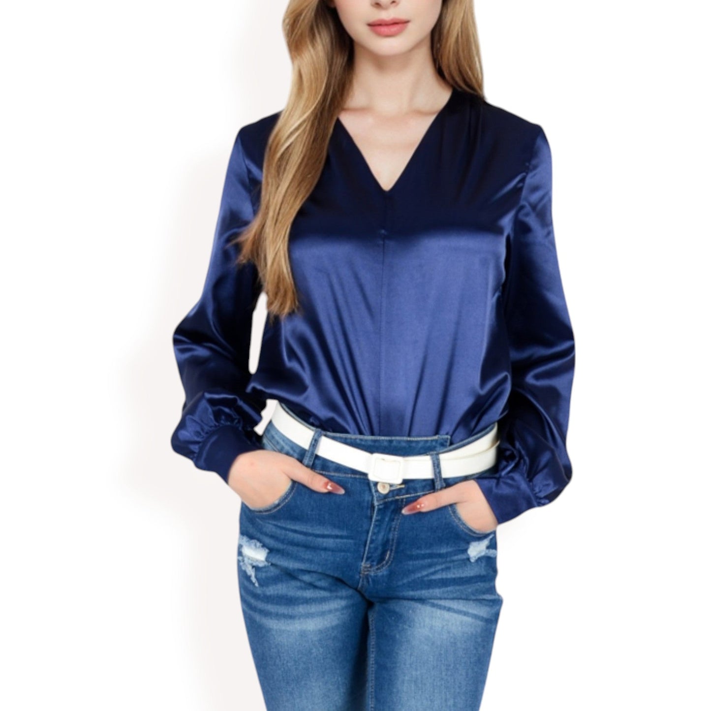 Satin V-Neck Blouse with Long Sleeves