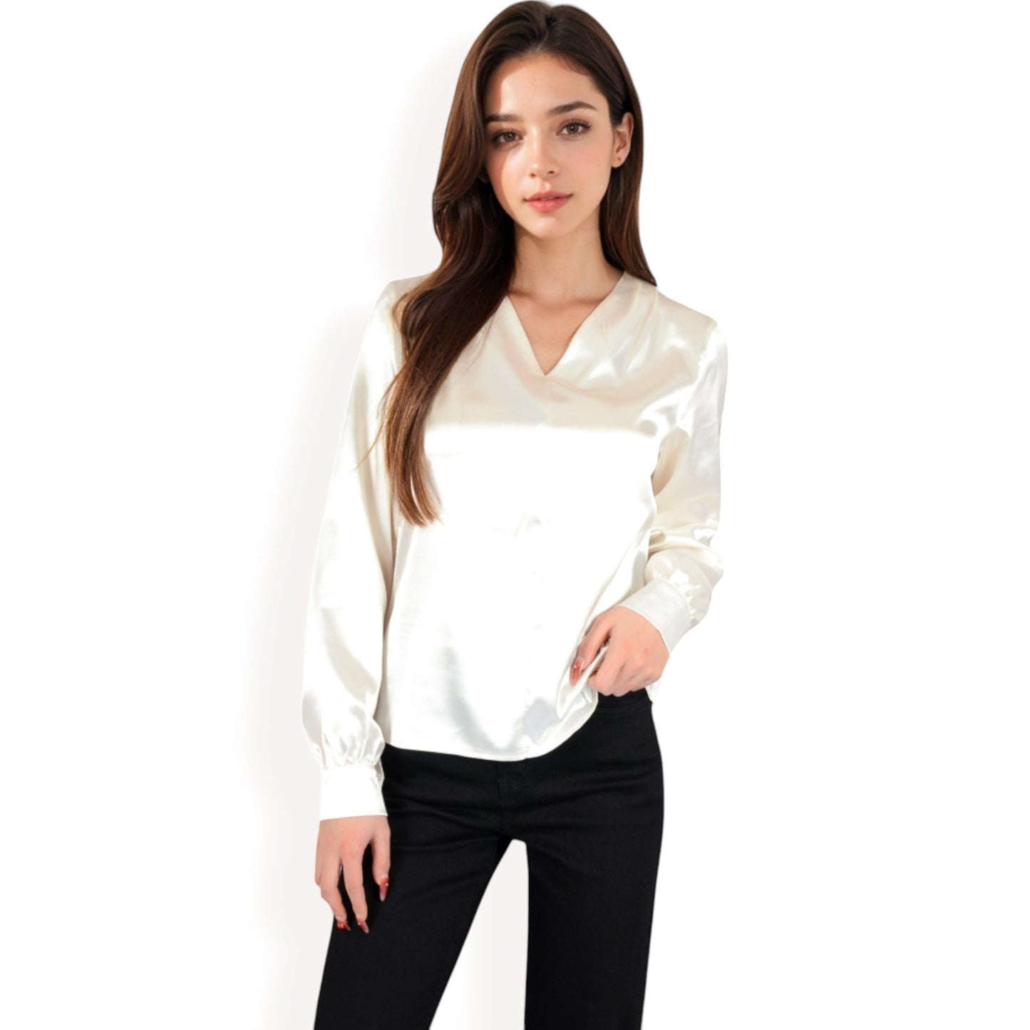 Satin V-Neck Blouse with Long Sleeves