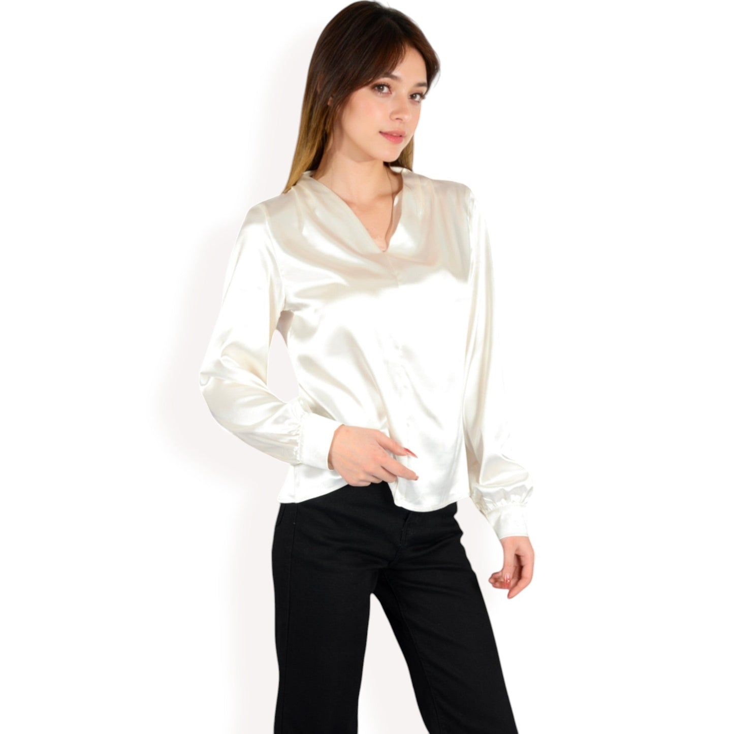 Satin V-Neck Blouse with Long Sleeves