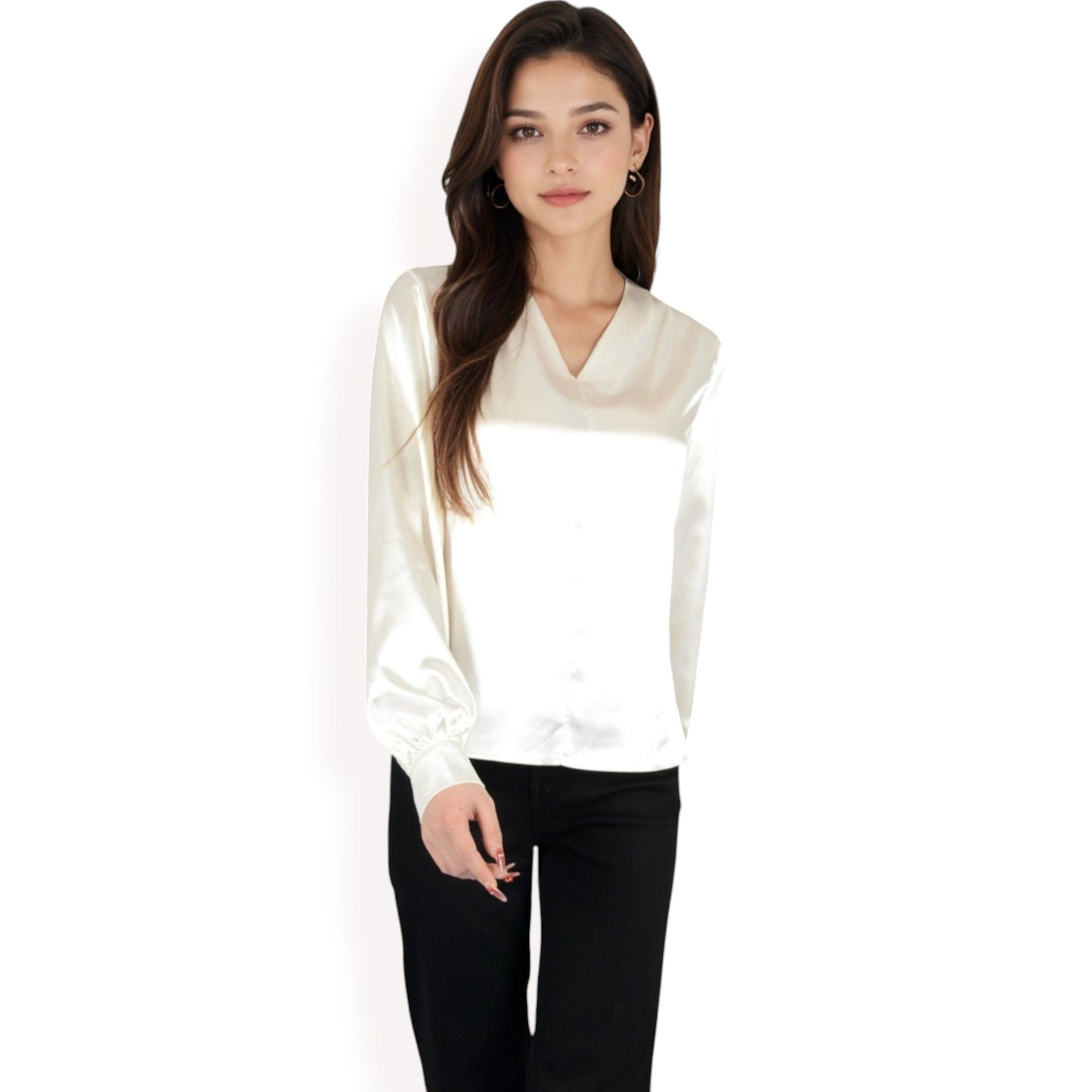 Satin V-Neck Blouse with Long Sleeves