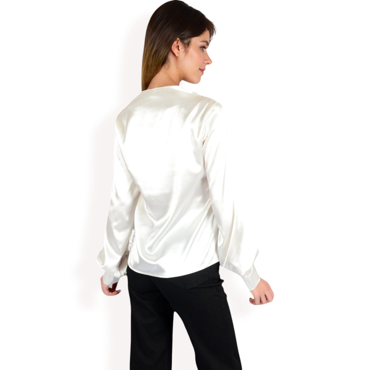 Satin V-Neck Blouse with Long Sleeves