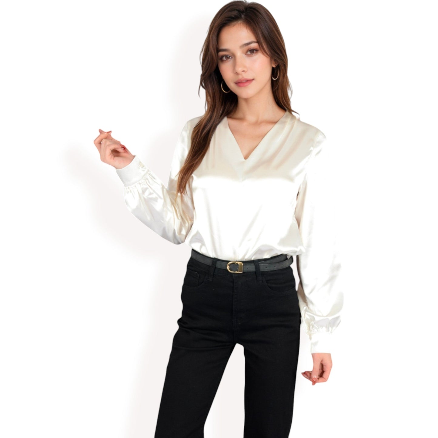 Satin V-Neck Blouse with Long Sleeves