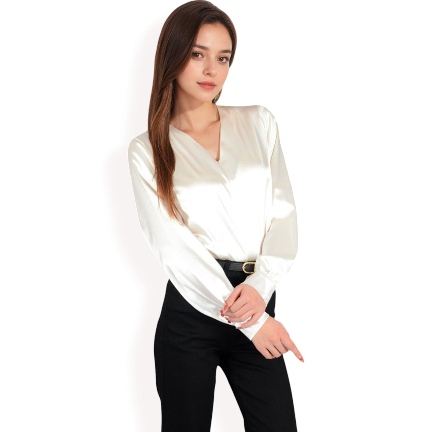 Satin V-Neck Blouse with Long Sleeves