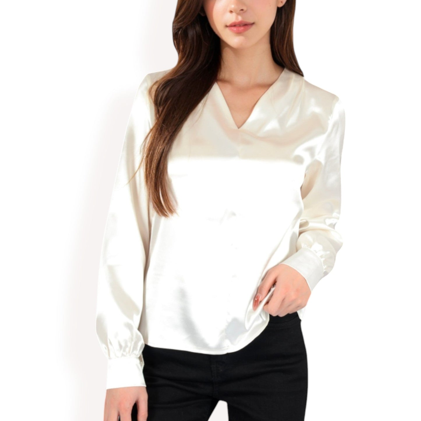 Satin V-Neck Blouse with Long Sleeves