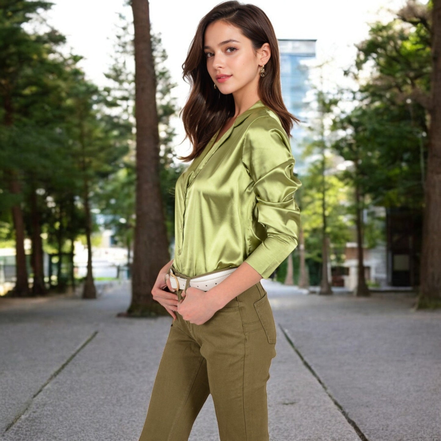 Satin Button-Up Shirt with Collar and Flared Cuffs