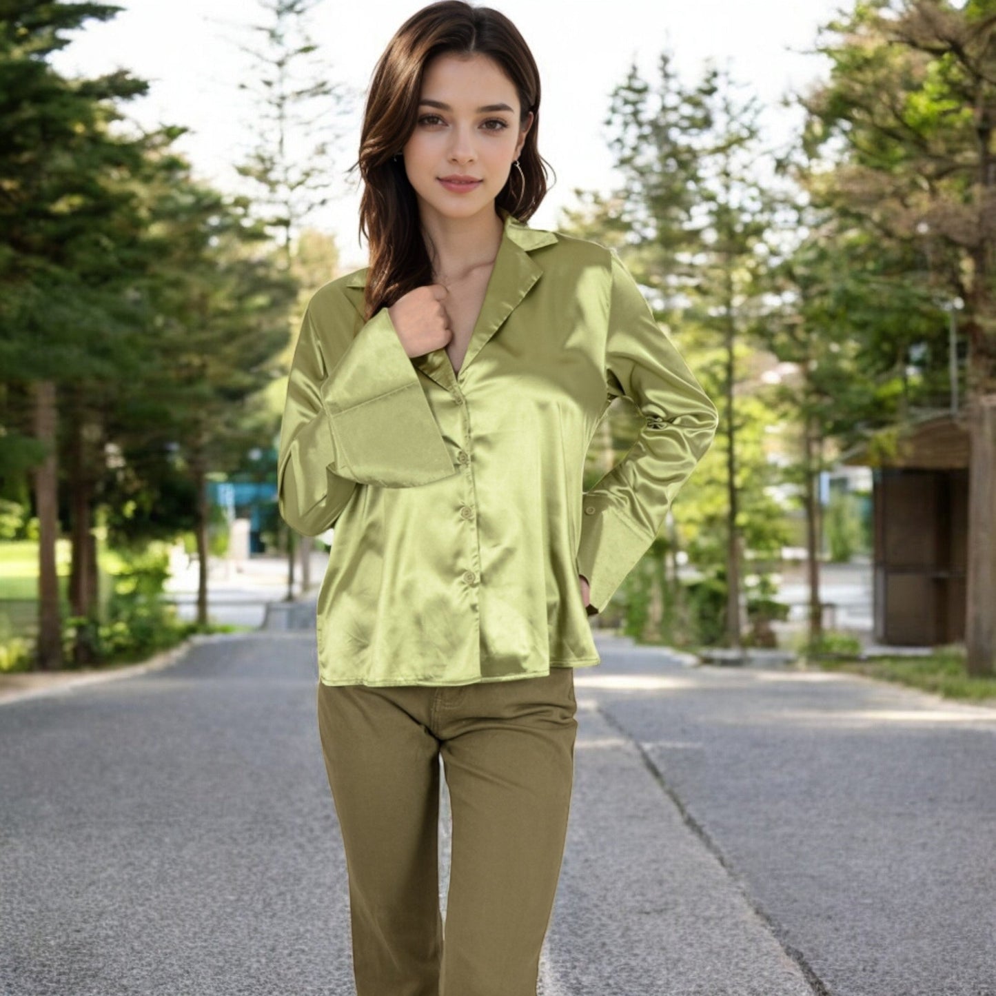 Satin Button-Up Shirt with Collar and Flared Cuffs