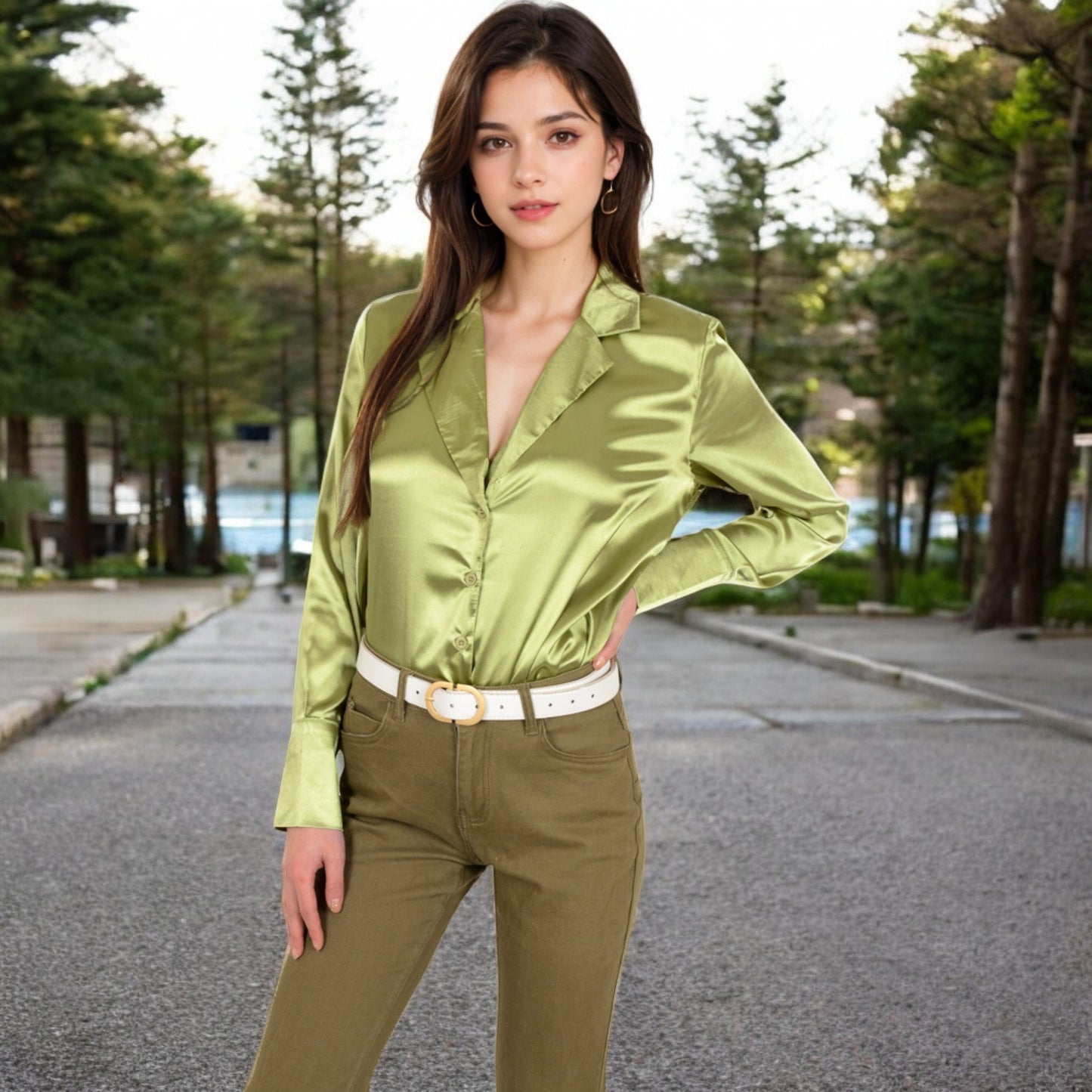 Satin Button-Up Shirt with Collar and Flared Cuffs