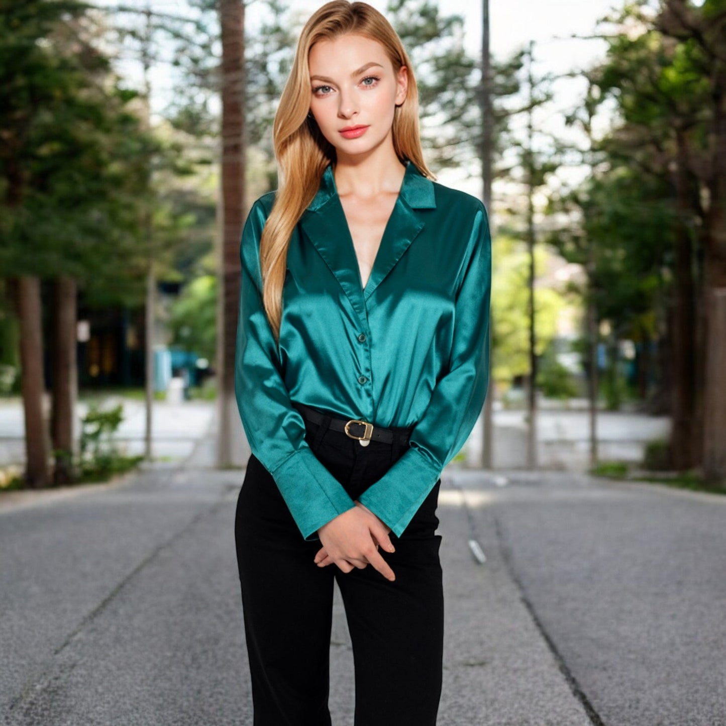 Satin Button-Up Shirt with Collar and Flared Cuffs