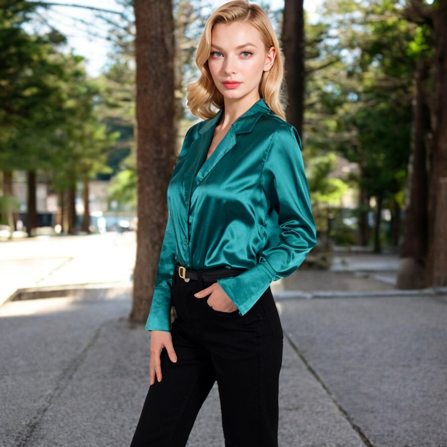 Satin Button-Up Shirt with Collar and Flared Cuffs