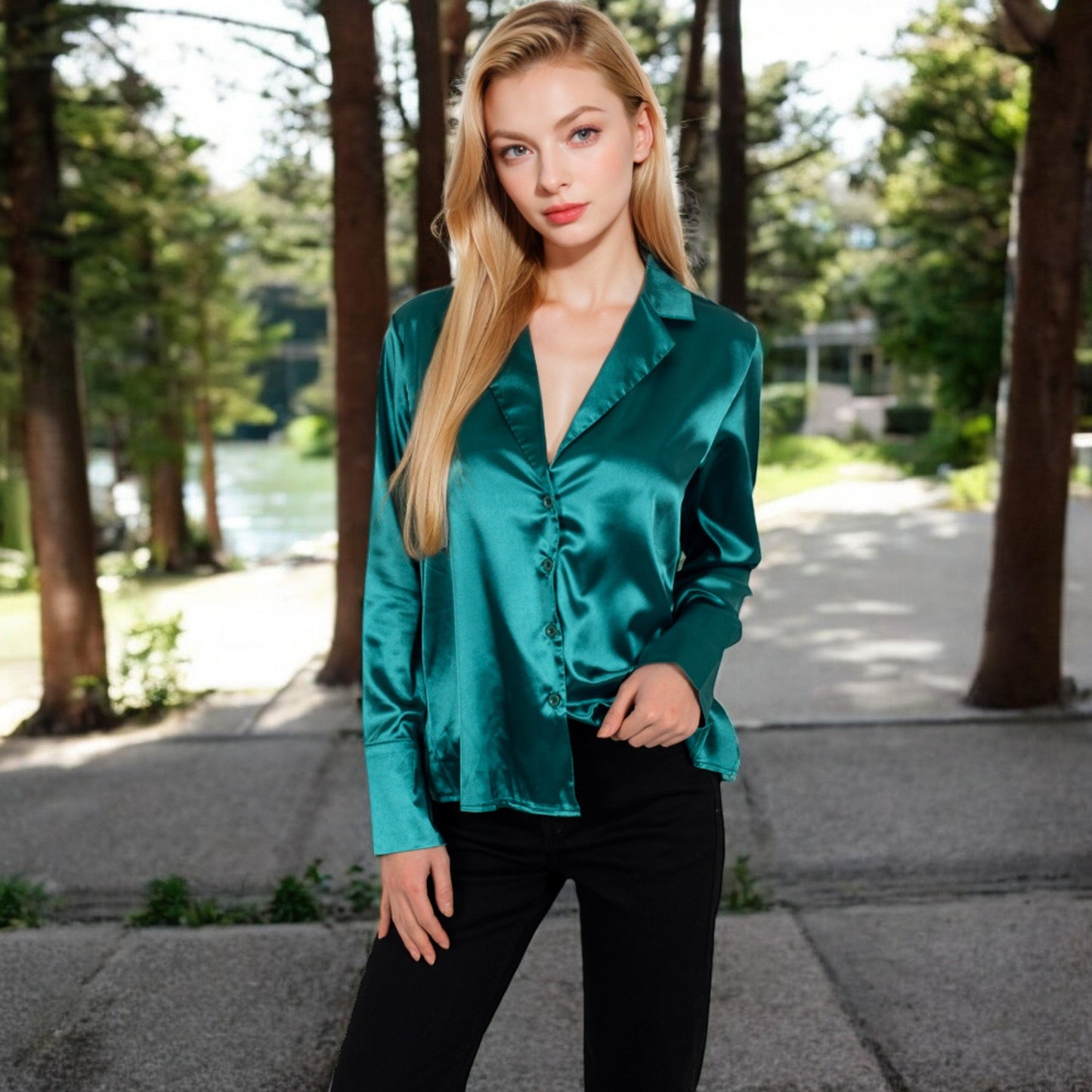 Satin Button-Up Shirt with Collar and Flared Cuffs