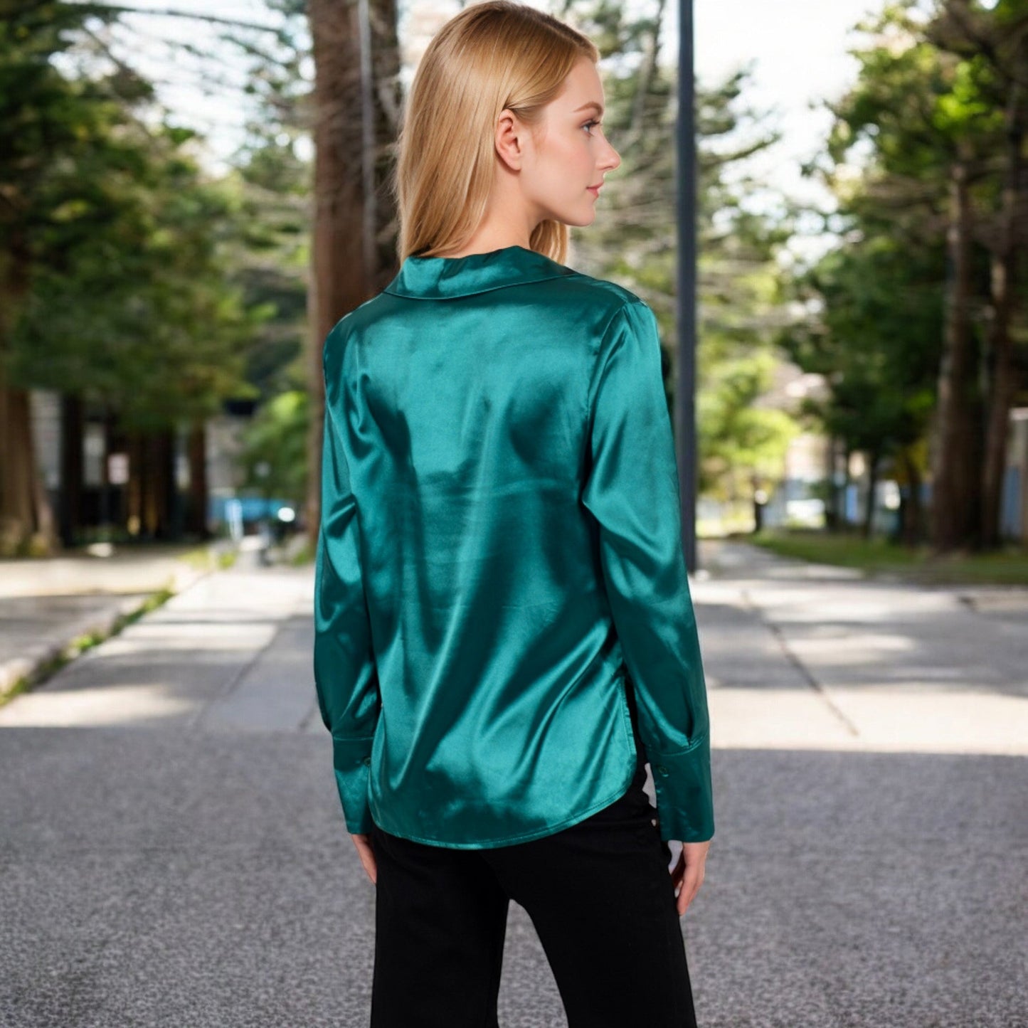 Satin Button-Up Shirt with Collar and Flared Cuffs