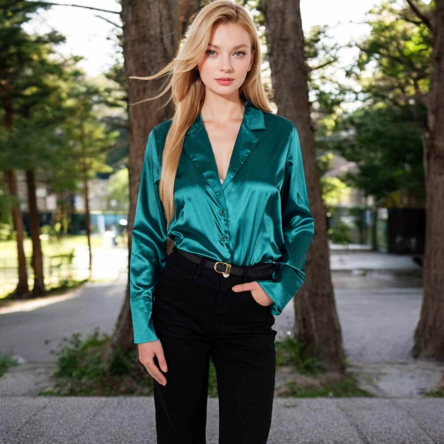 Satin Button-Up Shirt with Collar and Flared Cuffs