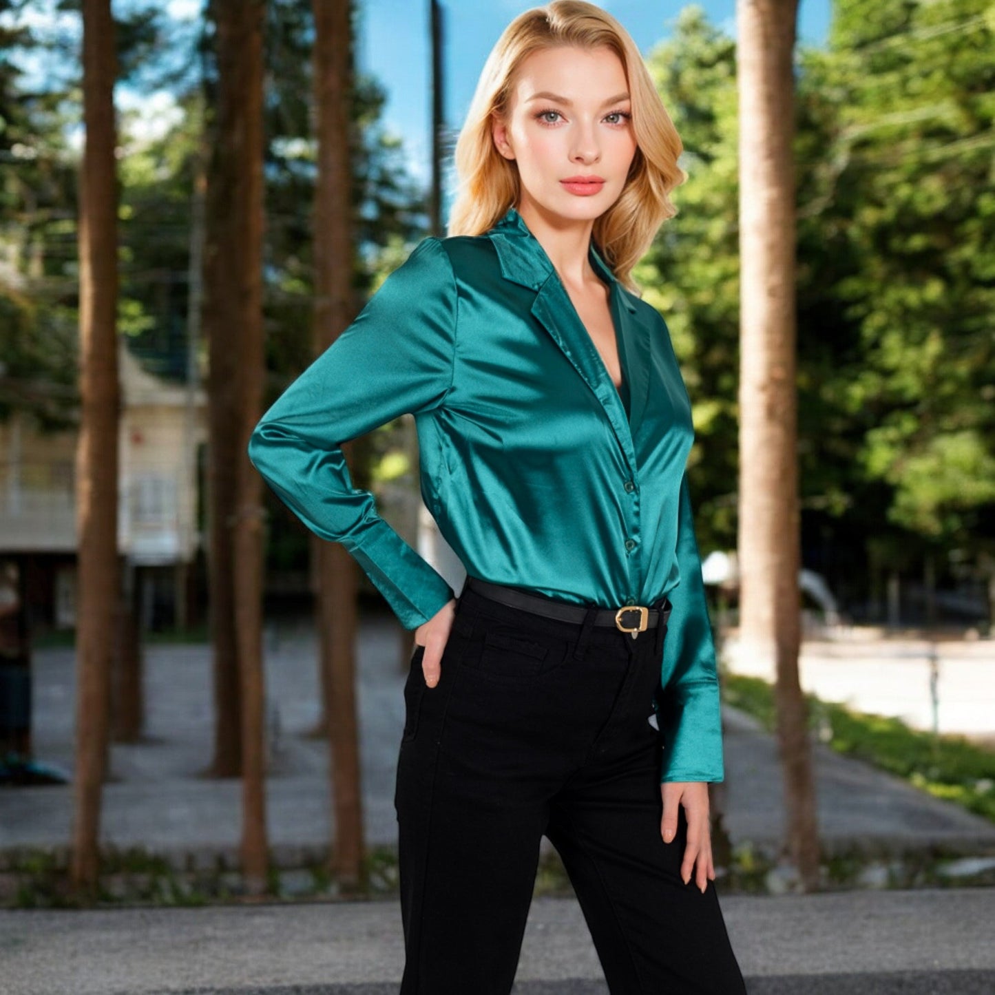 Satin Button-Up Shirt with Collar and Flared Cuffs