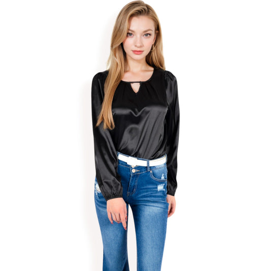 Satin Blouse with Keyhole Neckline and Long Sleeves