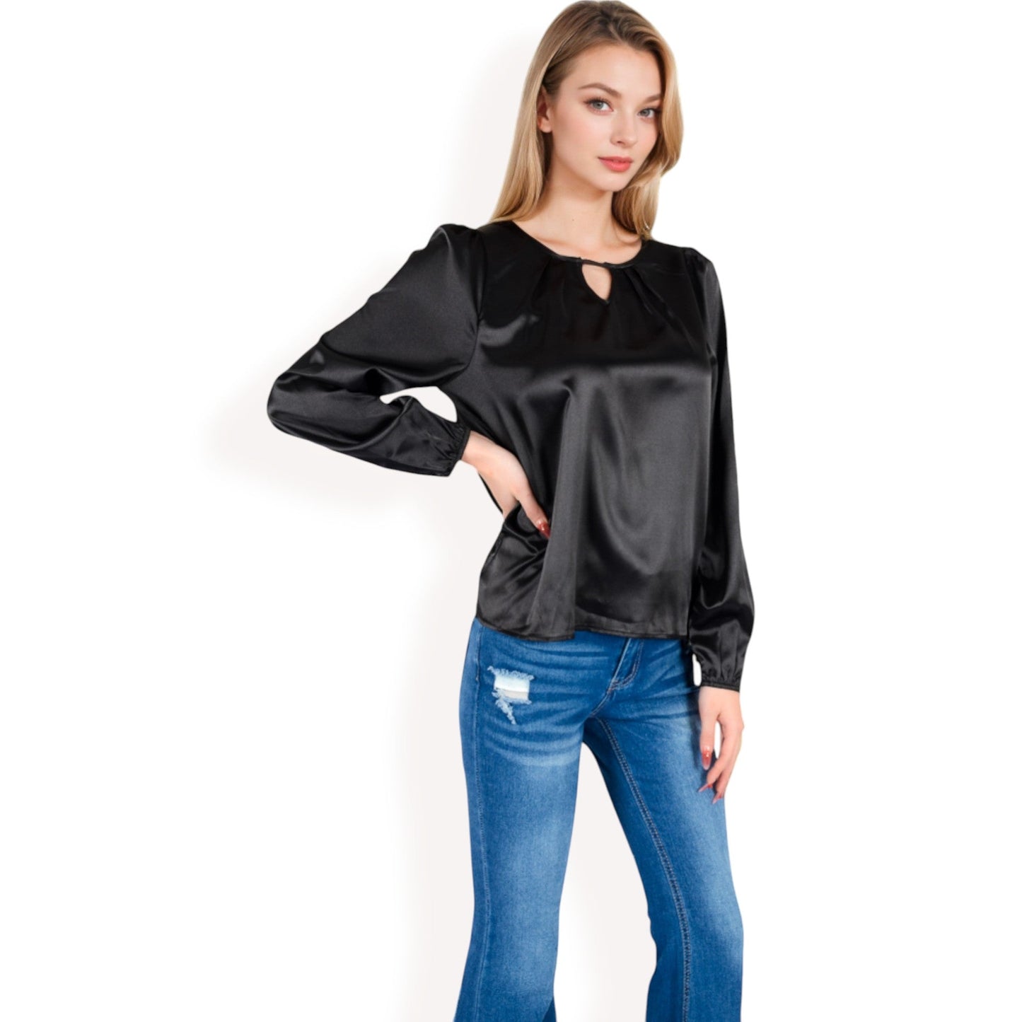 Satin Blouse with Keyhole Neckline and Long Sleeves