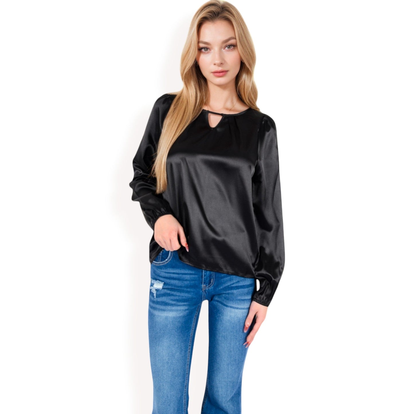 Satin Blouse with Keyhole Neckline and Long Sleeves