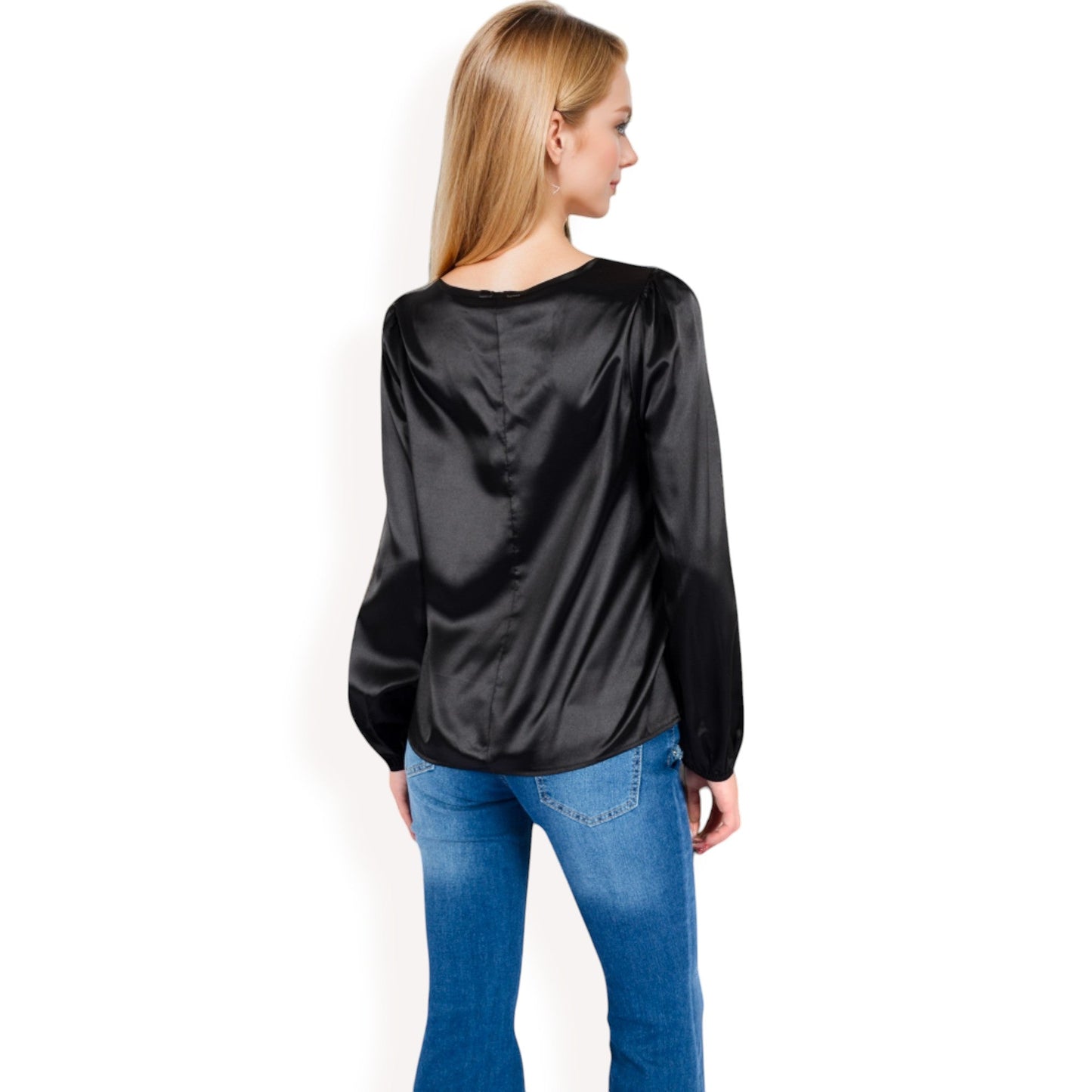 Satin Blouse with Keyhole Neckline and Long Sleeves