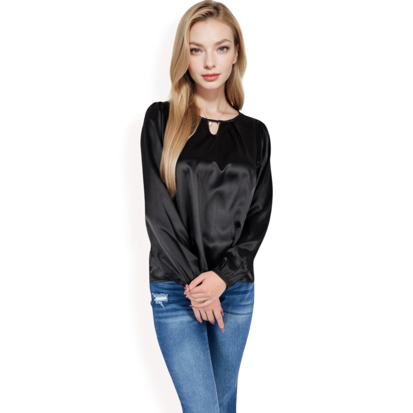 Satin Blouse with Keyhole Neckline and Long Sleeves