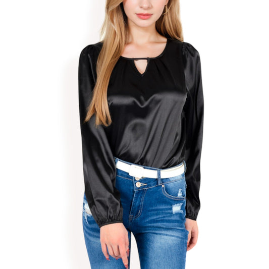 Satin Blouse with Keyhole Neckline and Long Sleeves
