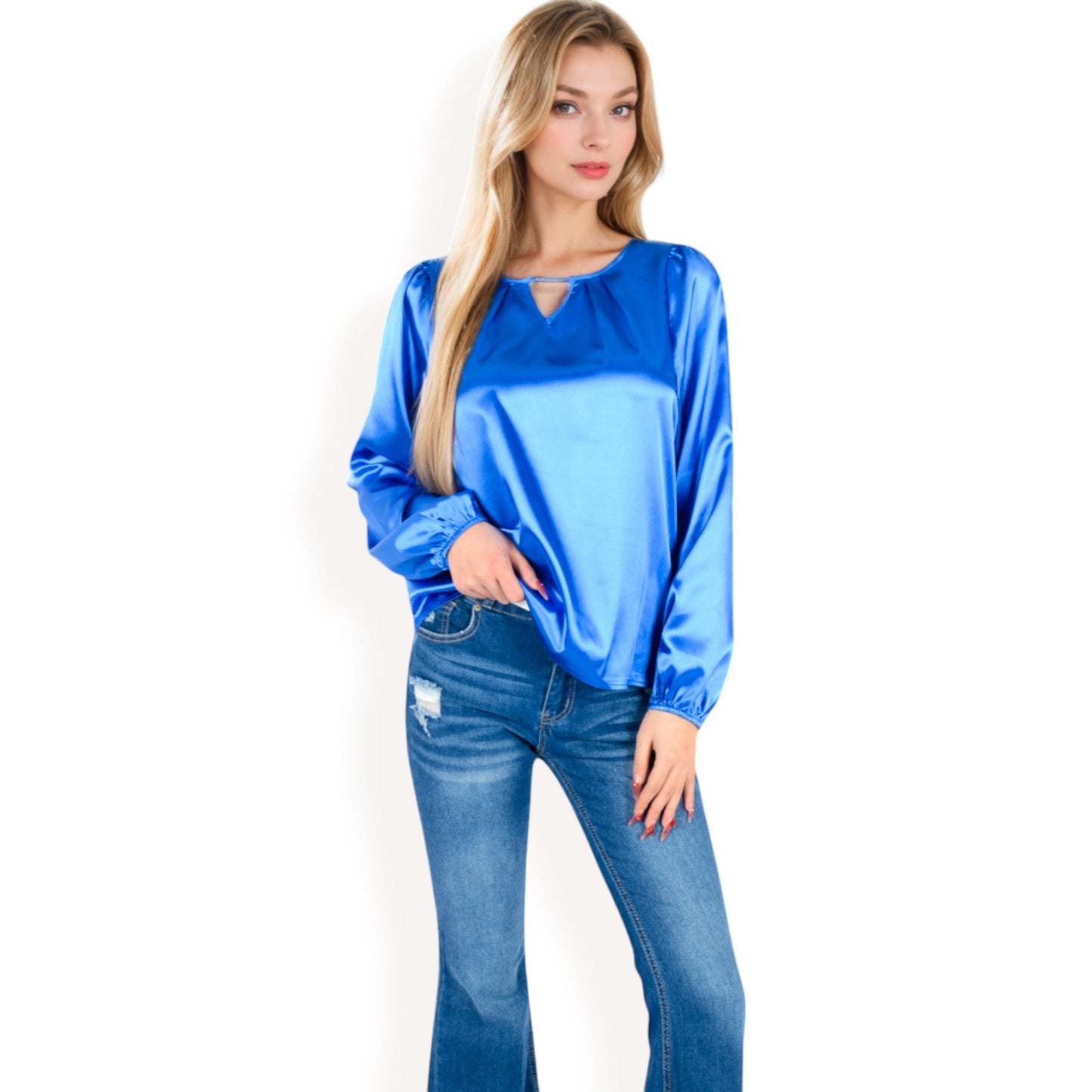 Satin Blouse with Keyhole Neckline and Long Sleeves