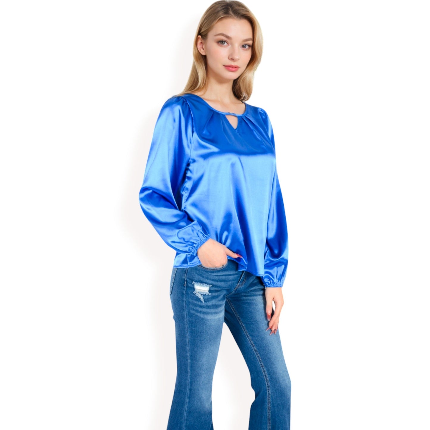 Satin Blouse with Keyhole Neckline and Long Sleeves