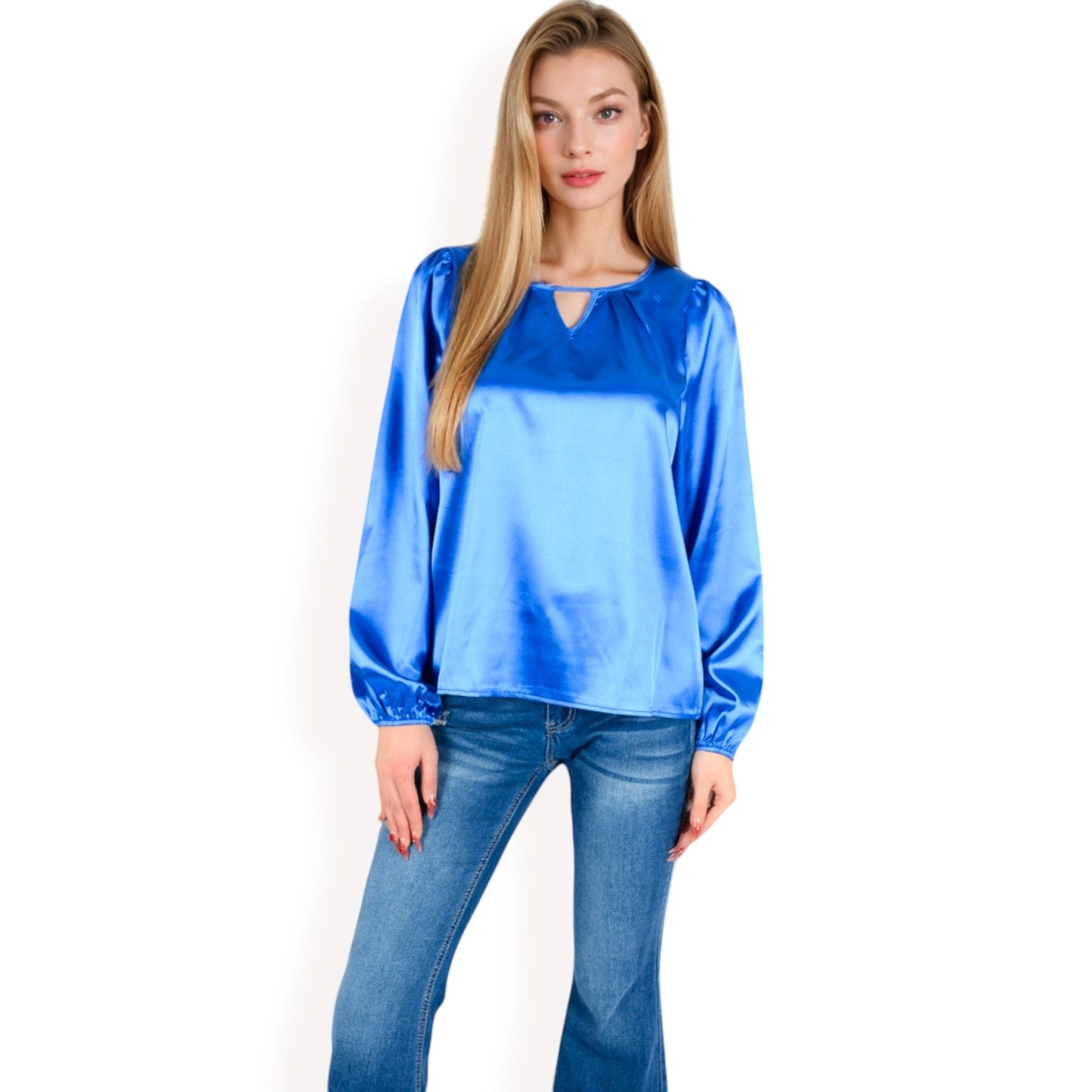 Satin Blouse with Keyhole Neckline and Long Sleeves