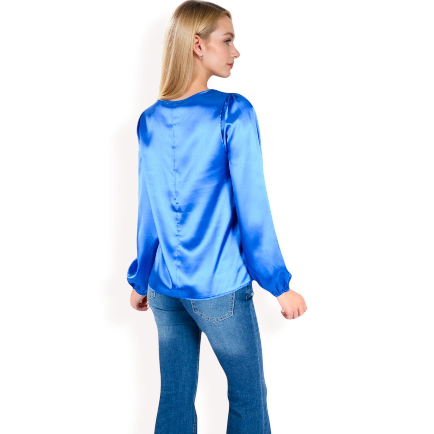 Satin Blouse with Keyhole Neckline and Long Sleeves