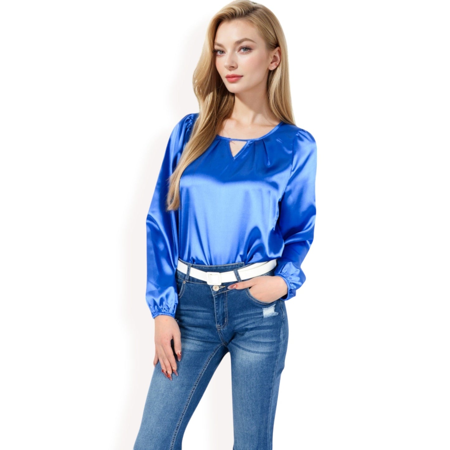 Satin Blouse with Keyhole Neckline and Long Sleeves