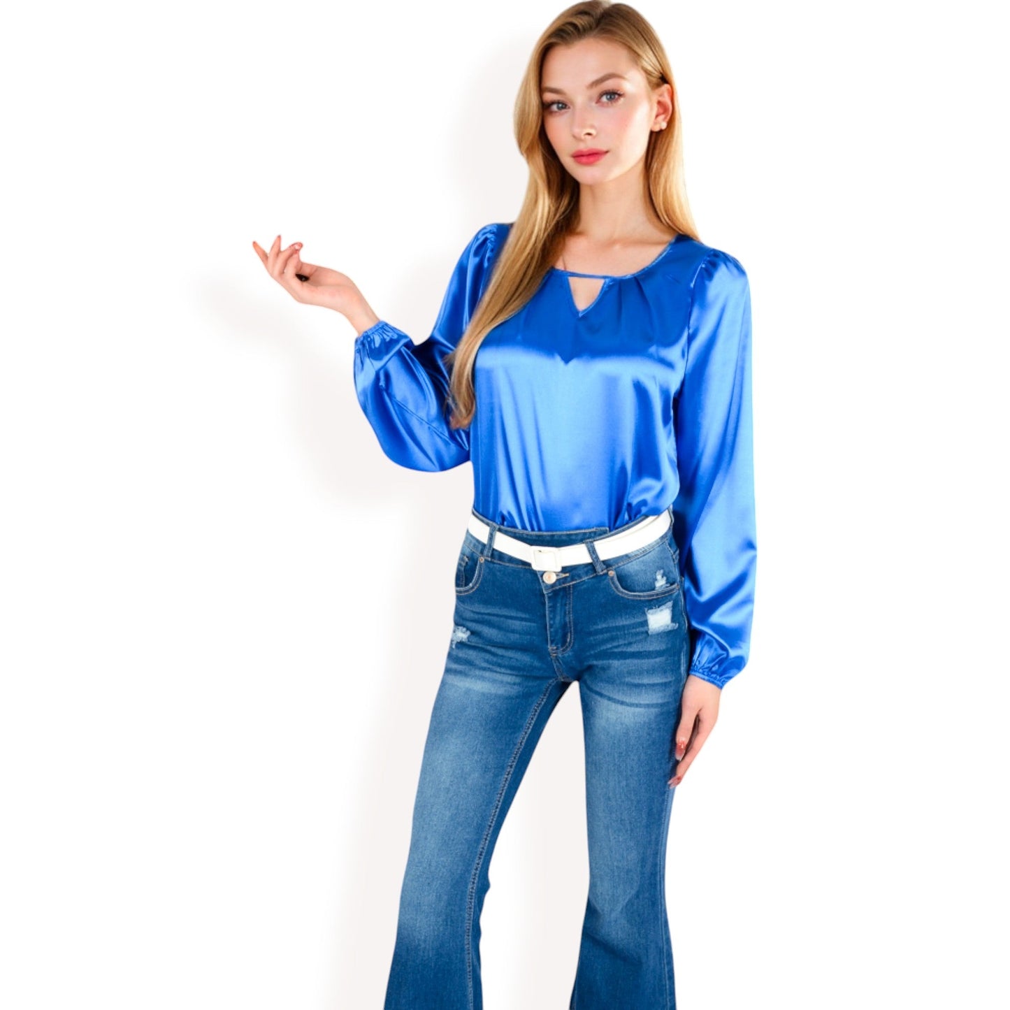 Satin Blouse with Keyhole Neckline and Long Sleeves