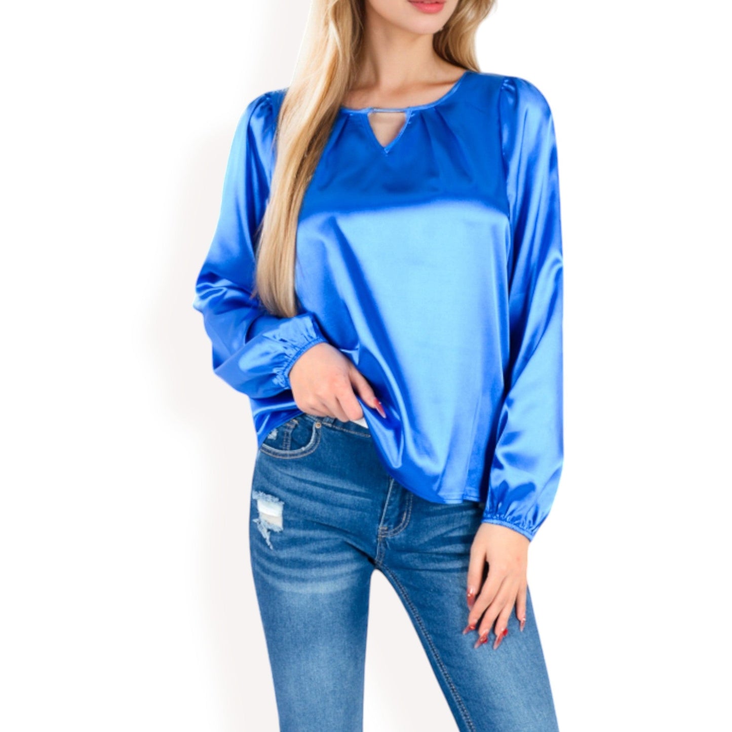 Satin Blouse with Keyhole Neckline and Long Sleeves