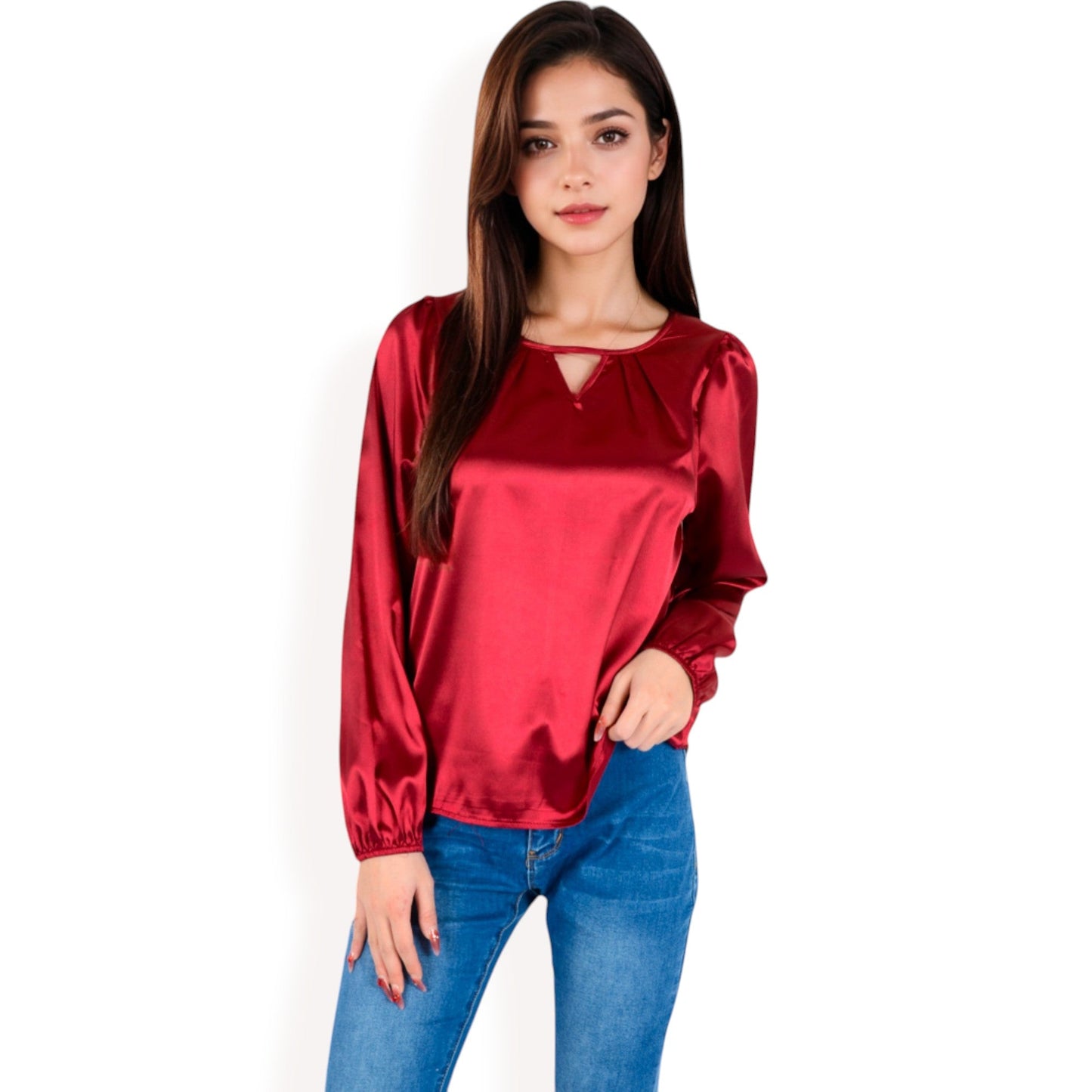 Satin Blouse with Keyhole Neckline and Long Sleeves