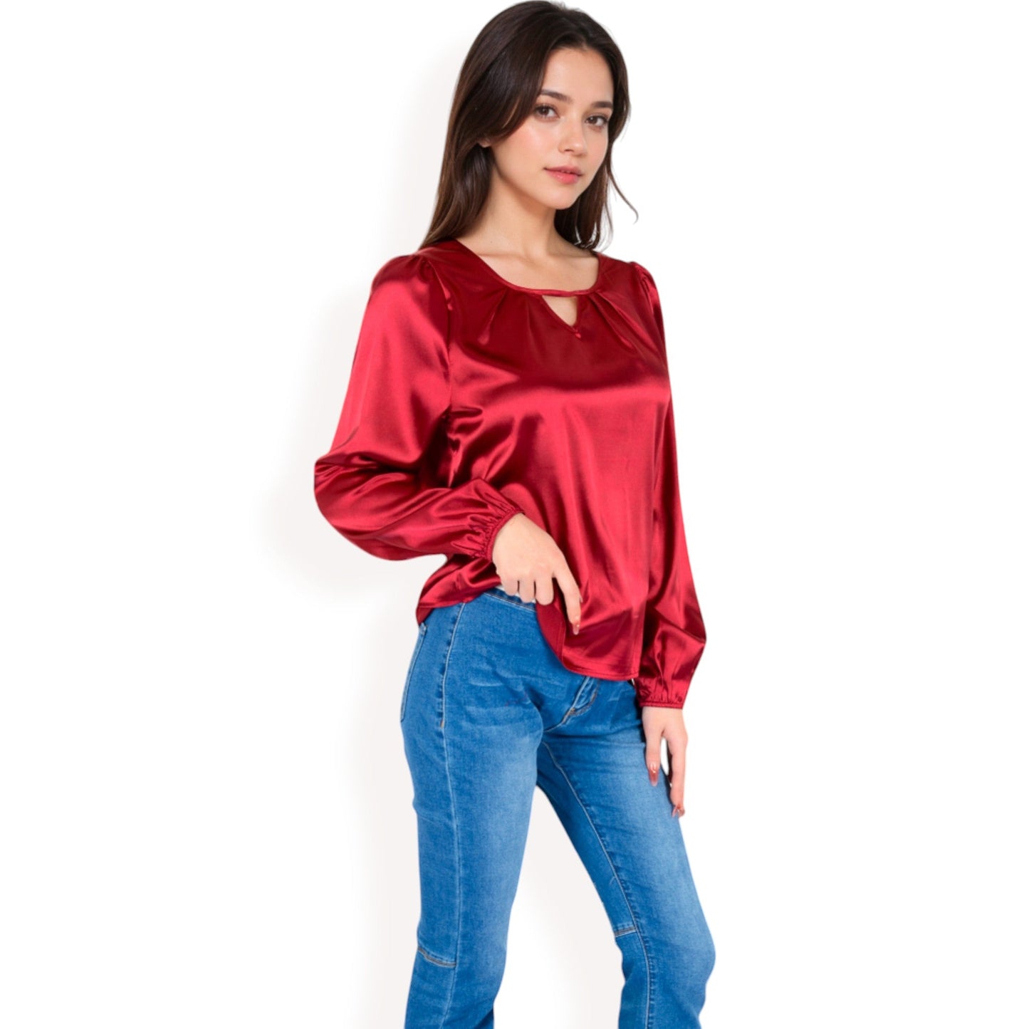 Satin Blouse with Keyhole Neckline and Long Sleeves
