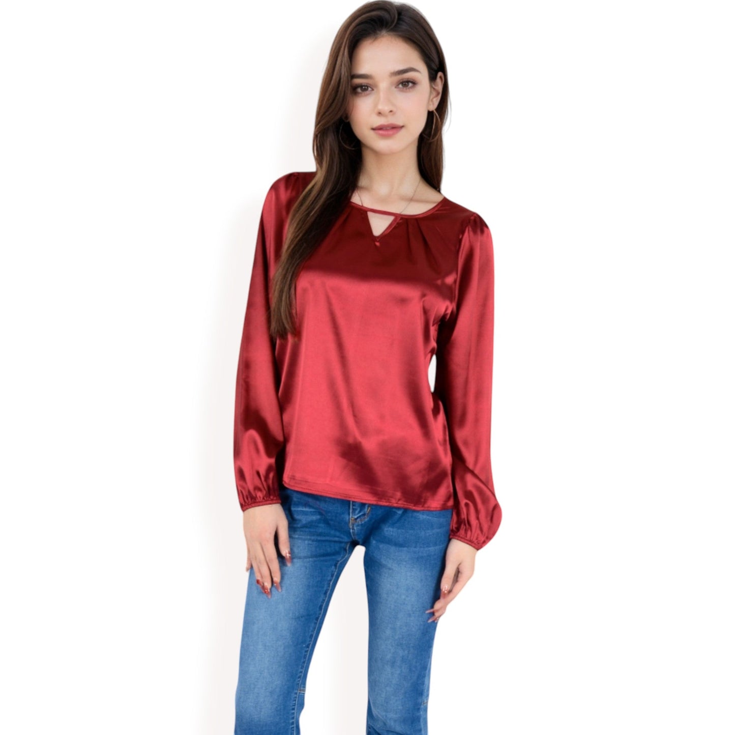 Satin Blouse with Keyhole Neckline and Long Sleeves