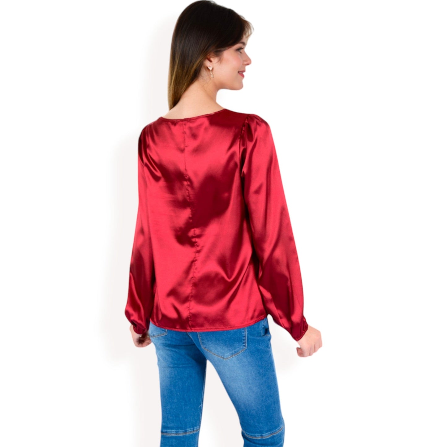 Satin Blouse with Keyhole Neckline and Long Sleeves