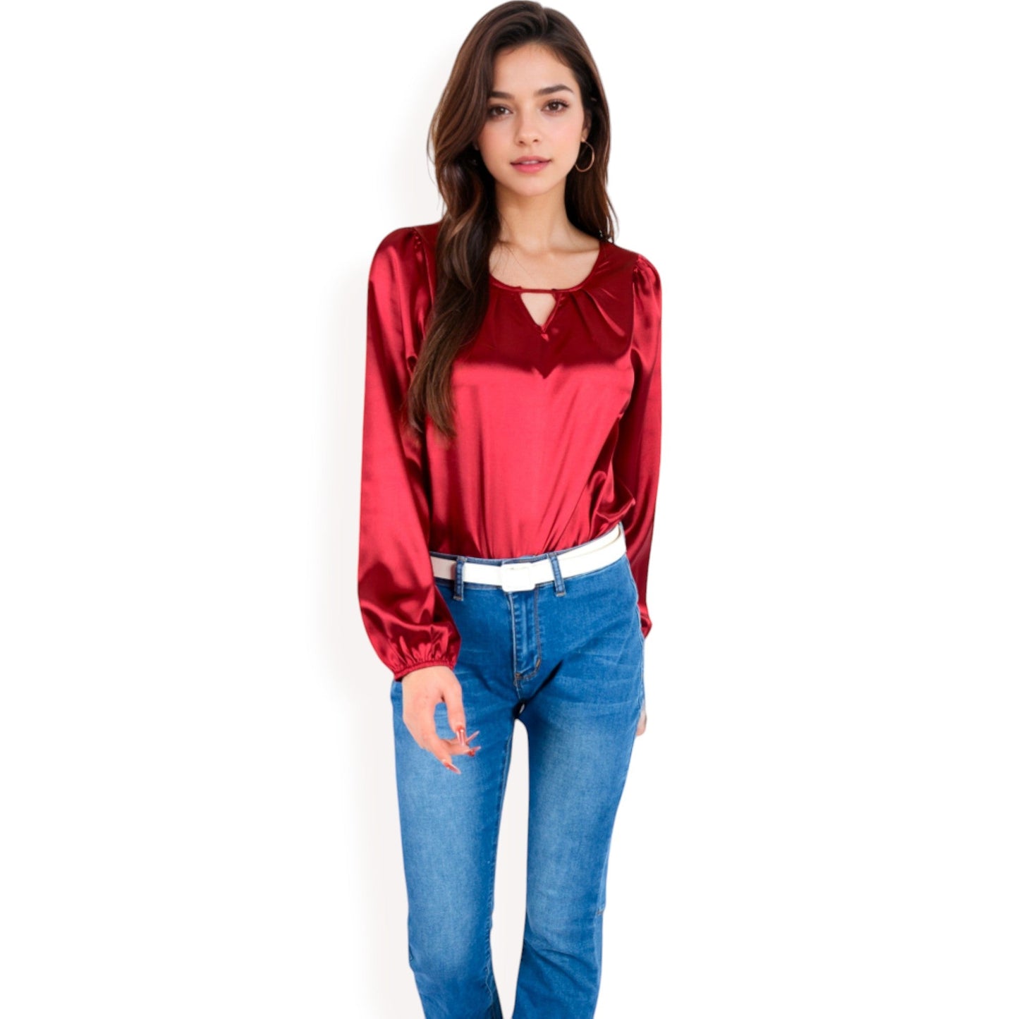 Satin Blouse with Keyhole Neckline and Long Sleeves