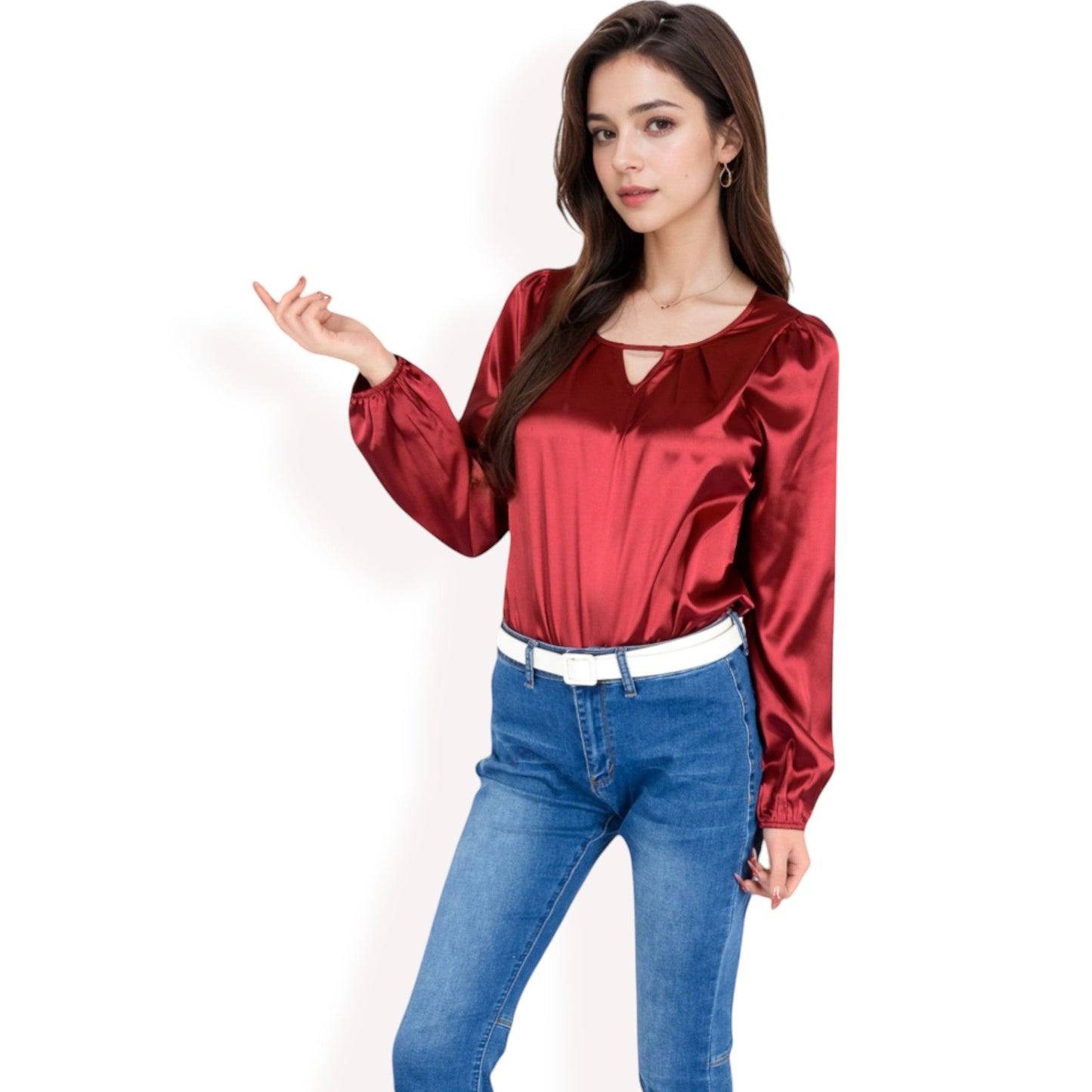 Satin Blouse with Keyhole Neckline and Long Sleeves