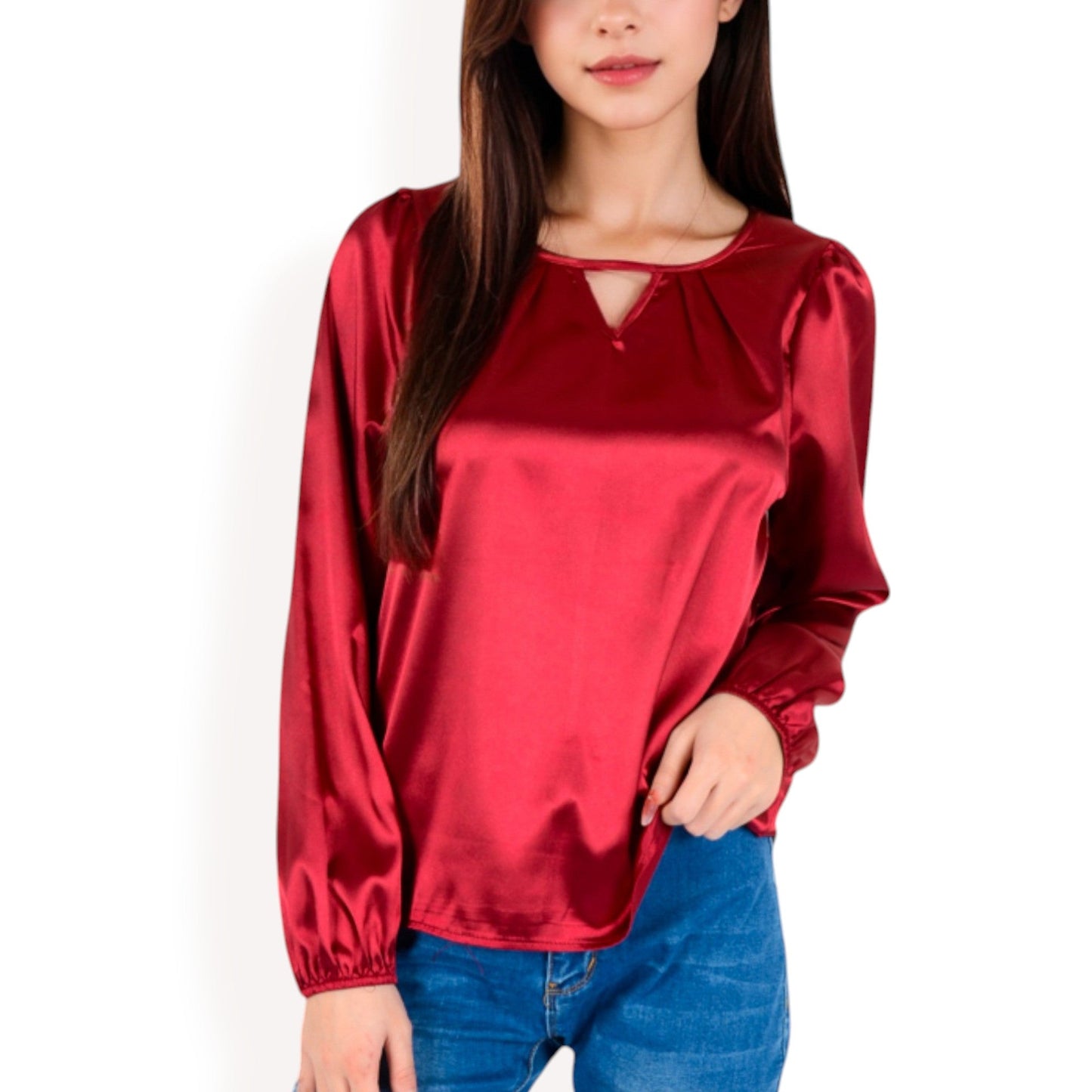 Satin Blouse with Keyhole Neckline and Long Sleeves