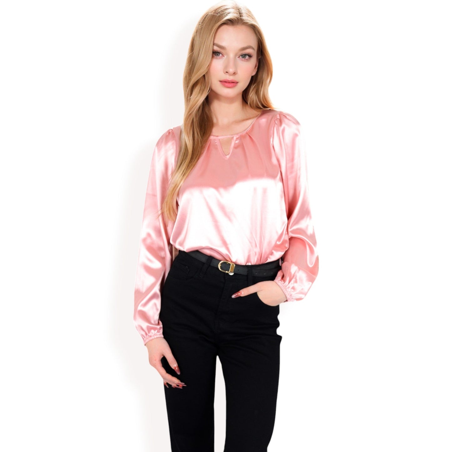 Satin Blouse with Keyhole Neckline and Long Sleeves