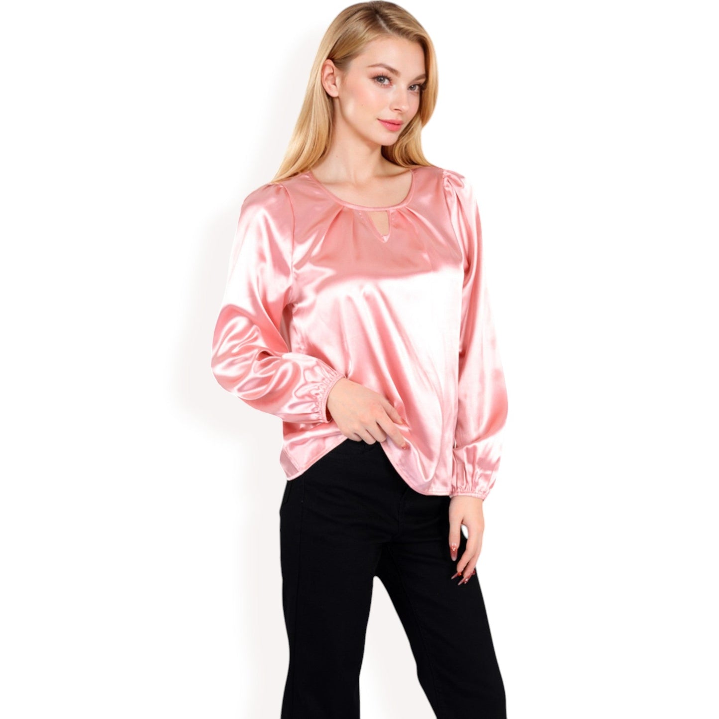 Satin Blouse with Keyhole Neckline and Long Sleeves