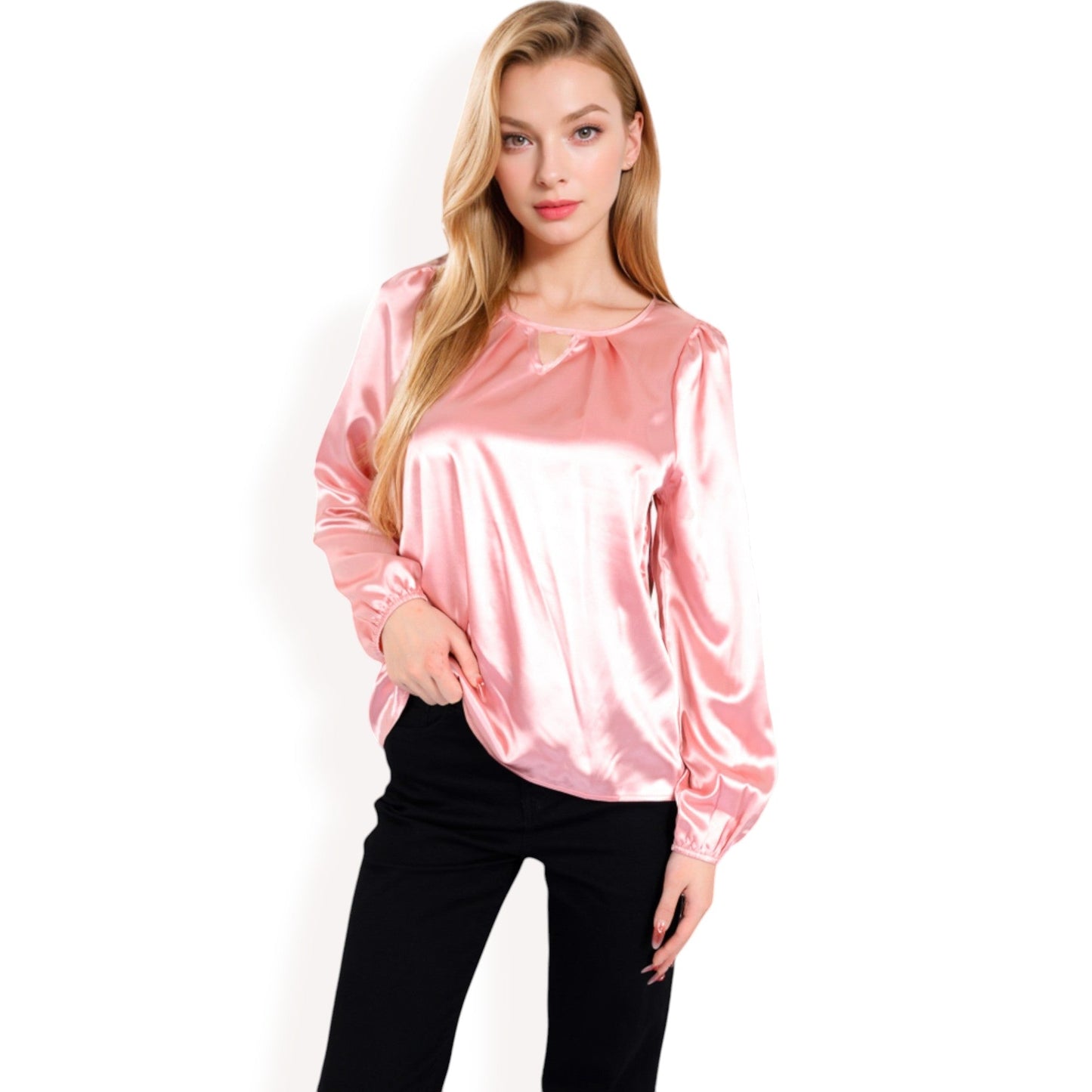 Satin Blouse with Keyhole Neckline and Long Sleeves