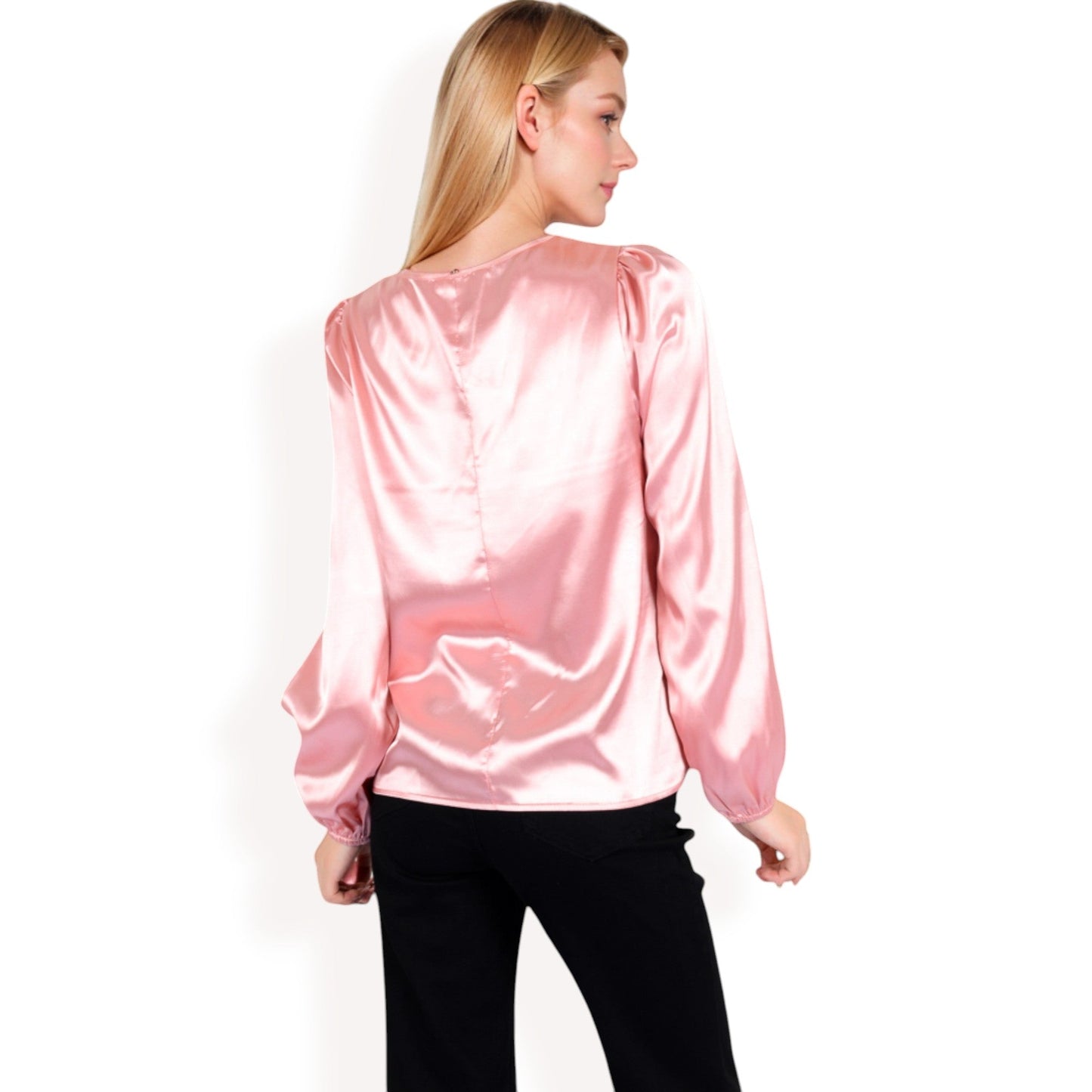 Satin Blouse with Keyhole Neckline and Long Sleeves