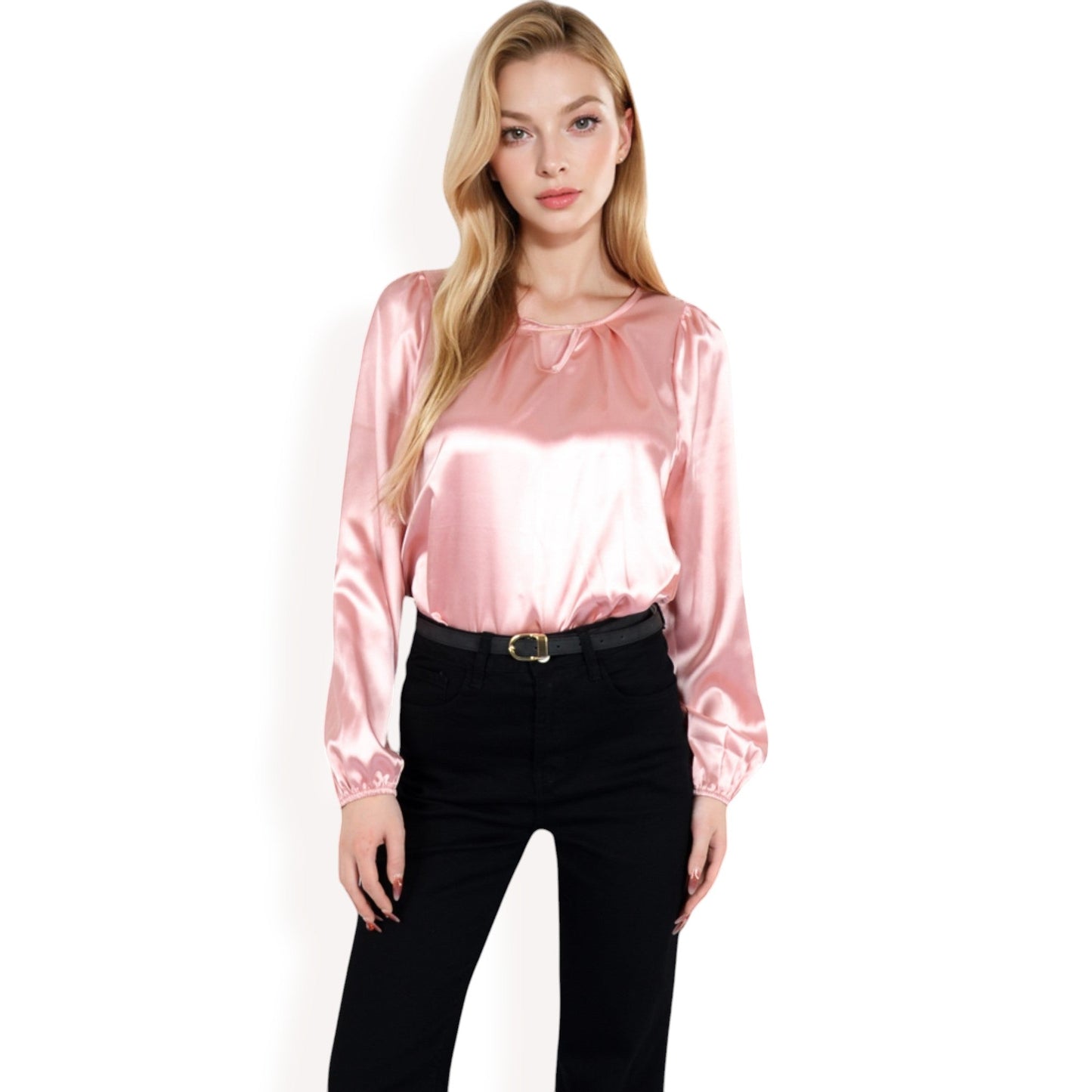 Satin Blouse with Keyhole Neckline and Long Sleeves