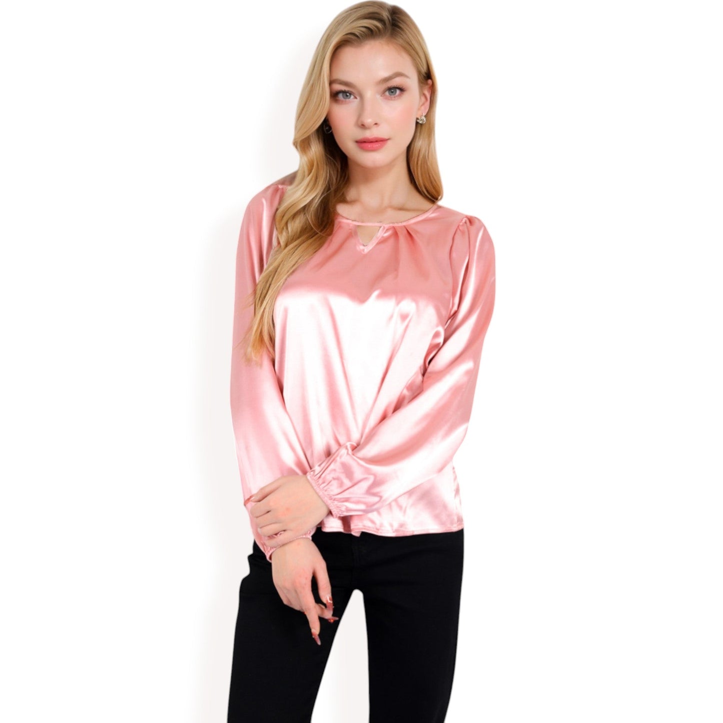 Satin Blouse with Keyhole Neckline and Long Sleeves