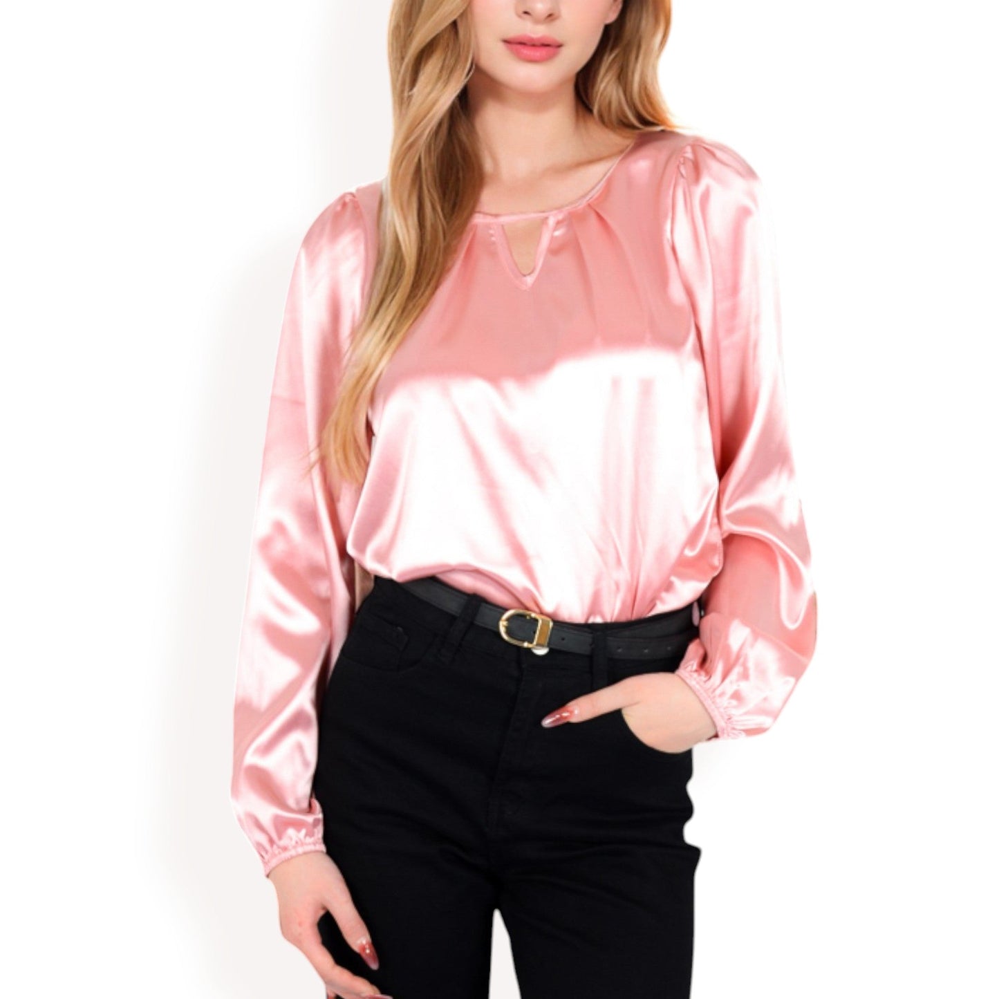 Satin Blouse with Keyhole Neckline and Long Sleeves