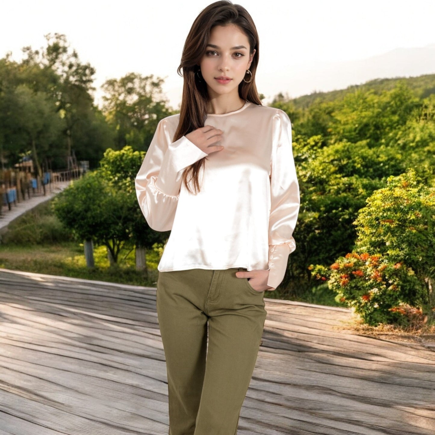 Satin Long Sleeve Blouse with Buttoned Cuffs and Subtle Puff Shoulders