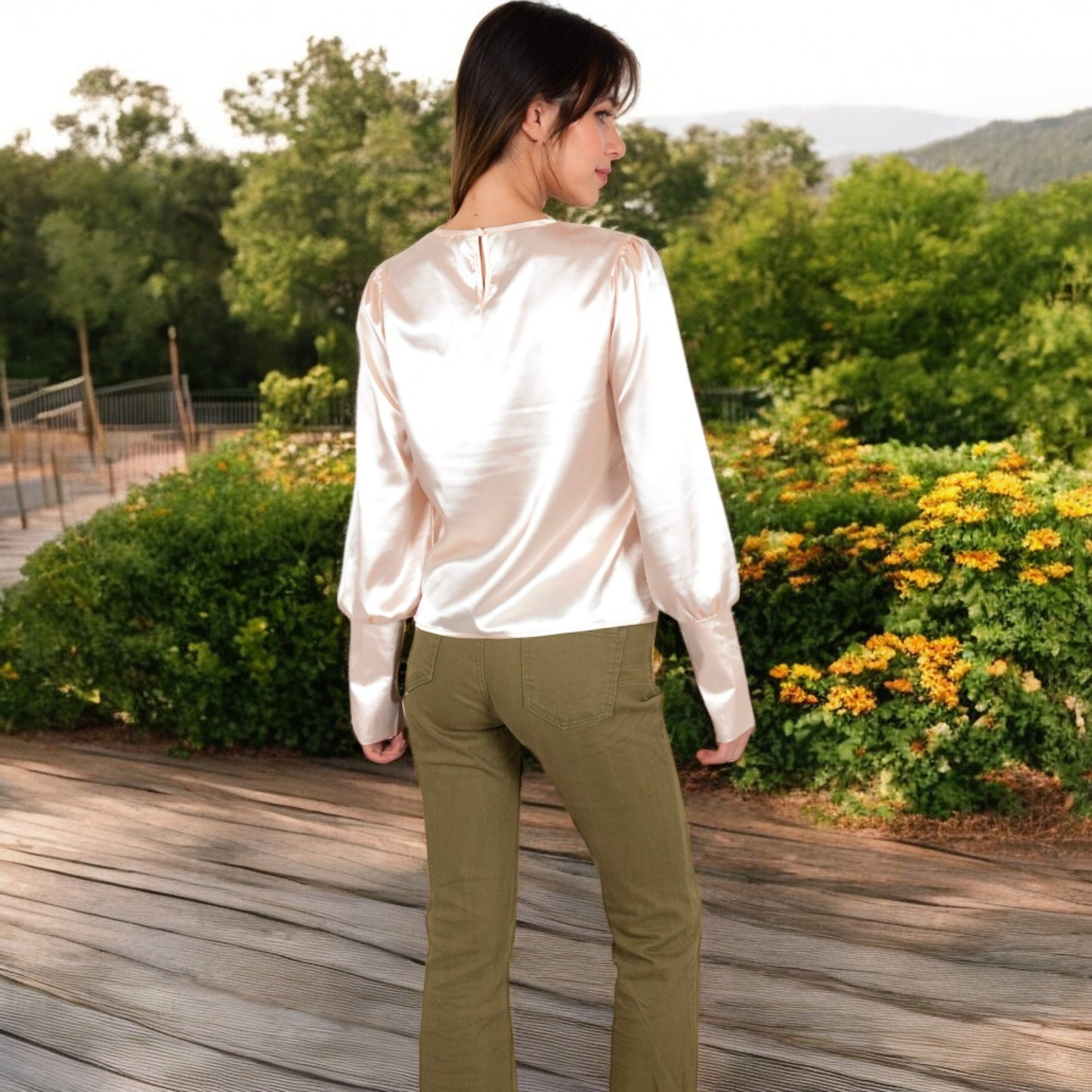 Satin Long Sleeve Blouse with Buttoned Cuffs and Subtle Puff Shoulders