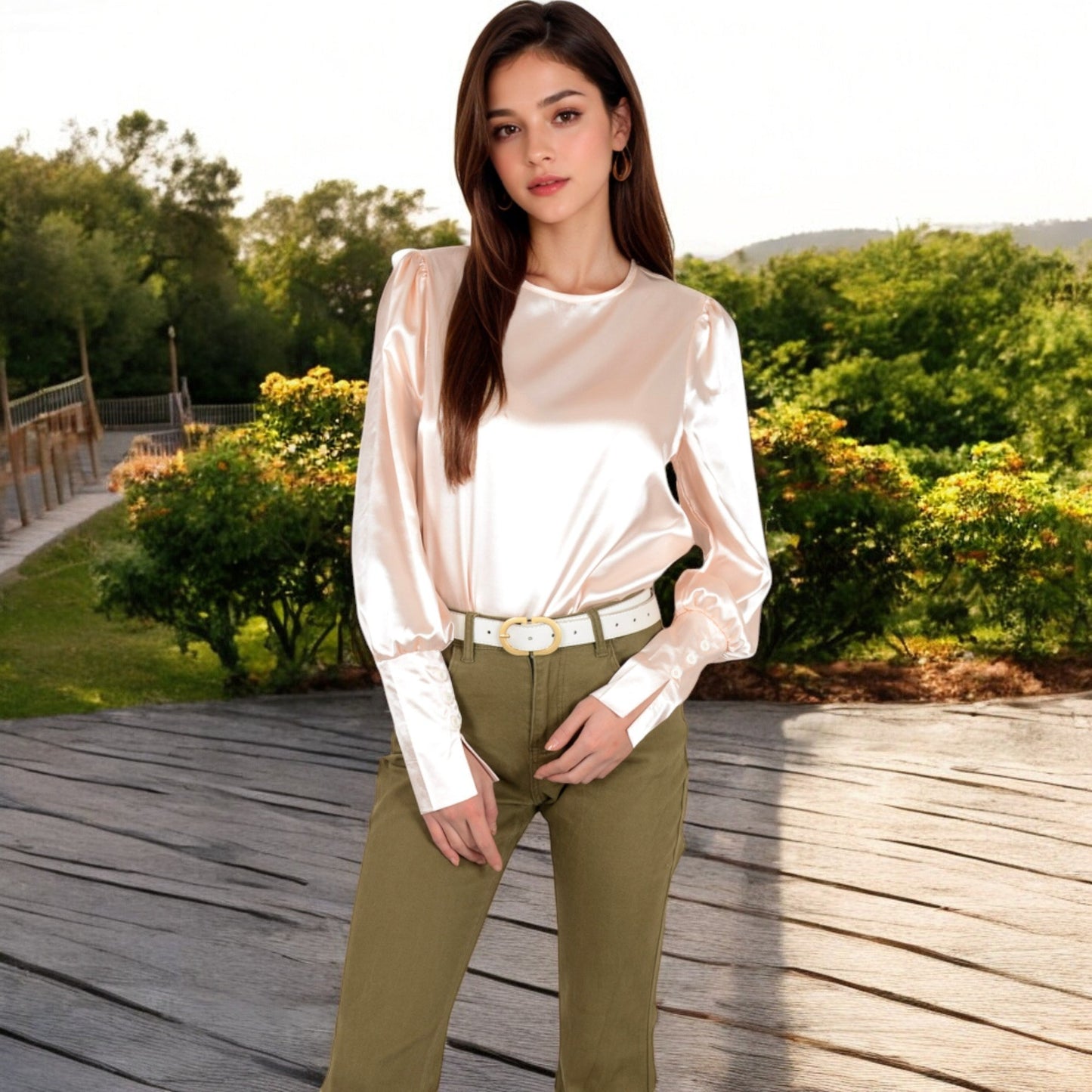 Satin Long Sleeve Blouse with Buttoned Cuffs and Subtle Puff Shoulders