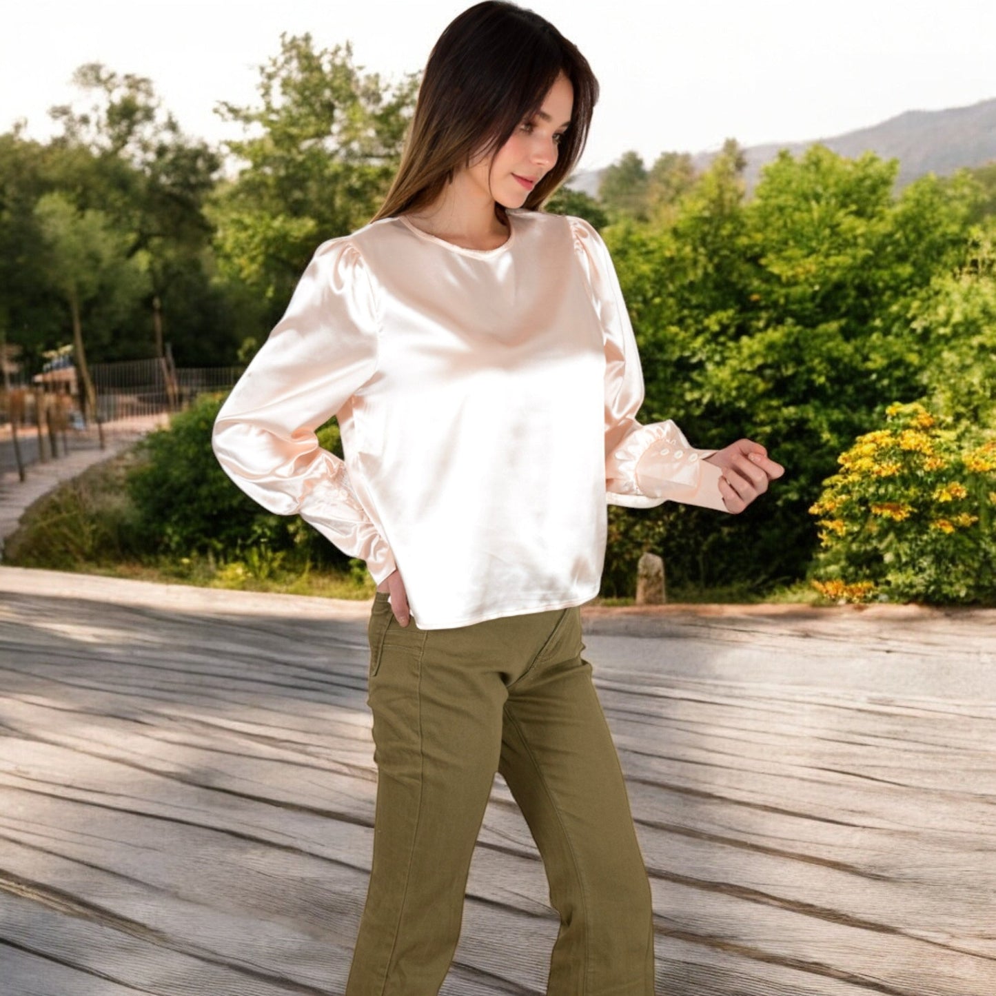 Satin Long Sleeve Blouse with Buttoned Cuffs and Subtle Puff Shoulders